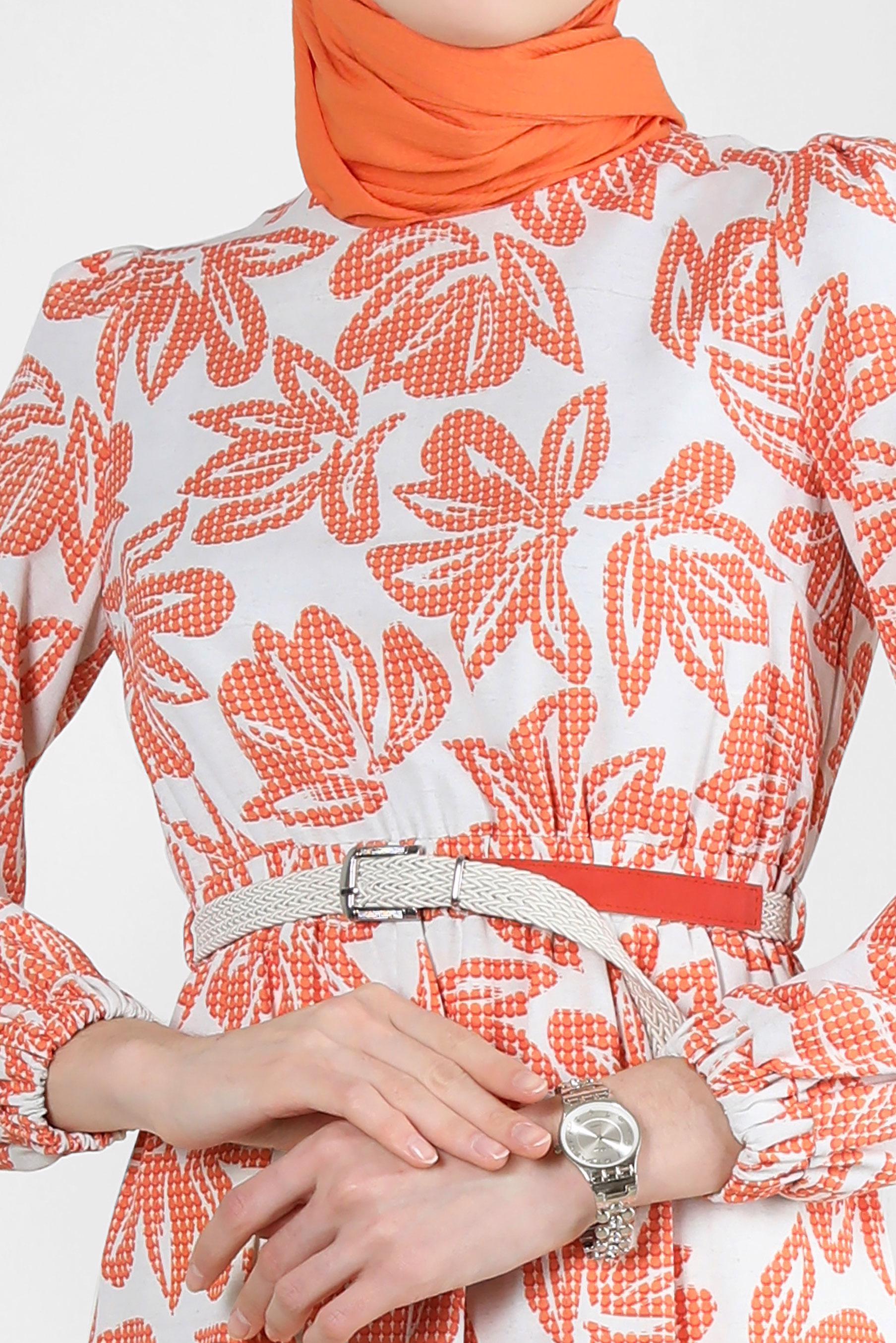 Tesettür giyim TURUNCU ÇİÇEK DESENLİ BELİ LASTİKLİ KEMERLİ ELBİSE 43822