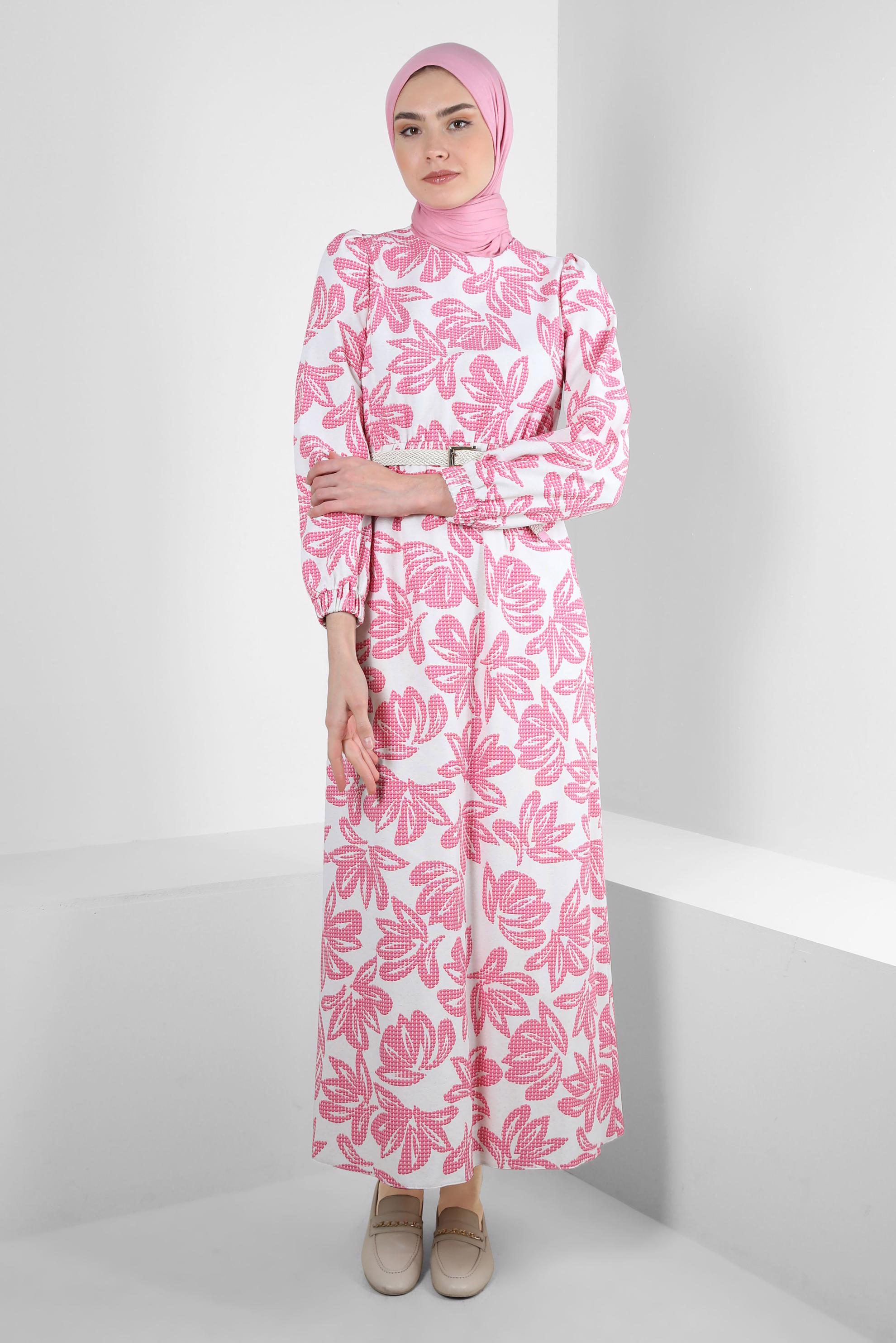 Tesettür giyim FUŞYA ÇİÇEK DESENLİ BELİ LASTİKLİ KEMERLİ ELBİSE 43822