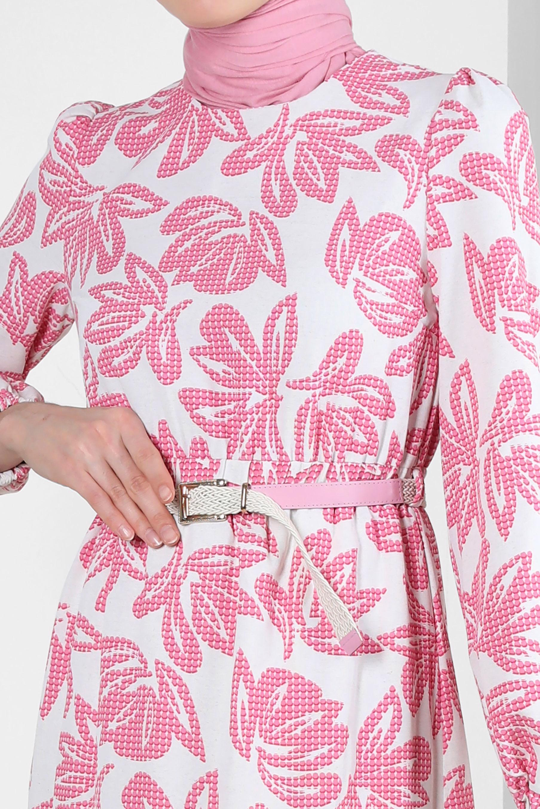 Tesettür giyim FUŞYA ÇİÇEK DESENLİ BELİ LASTİKLİ KEMERLİ ELBİSE 43822