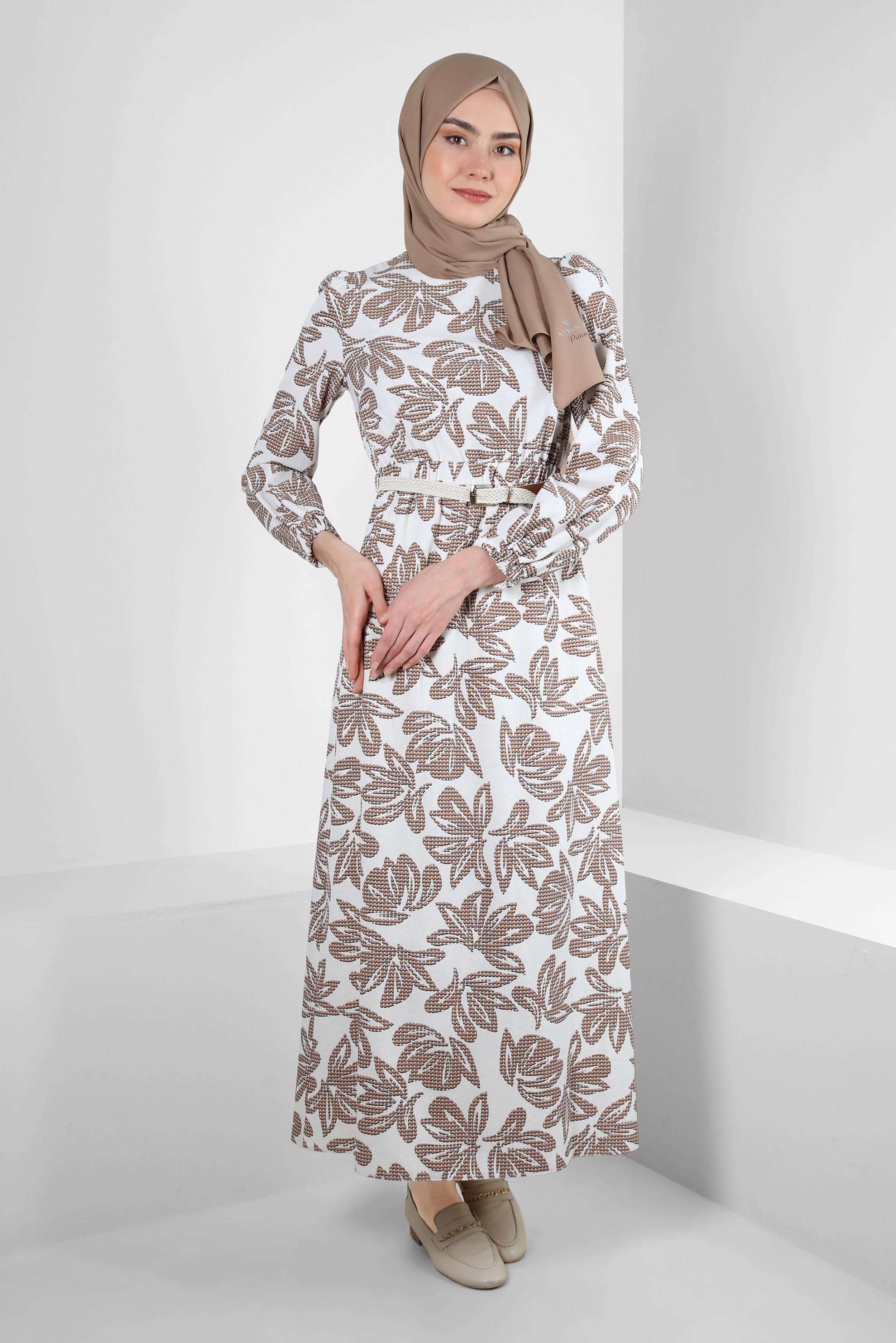 Tesettür giyim VİZON ÇİÇEK DESENLİ BELİ LASTİKLİ KEMERLİ ELBİSE 43822