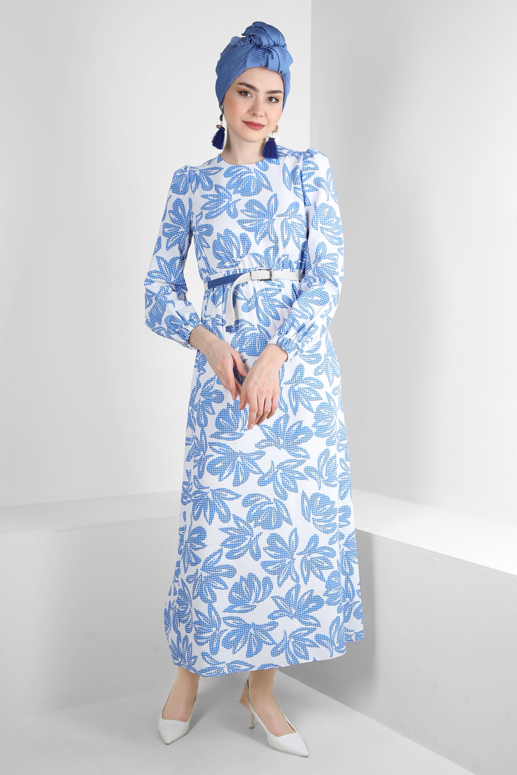 Tesettür giyim LACİVERT ÇİÇEK DESENLİ BELİ LASTİKLİ KEMERLİ ELBİSE 43822