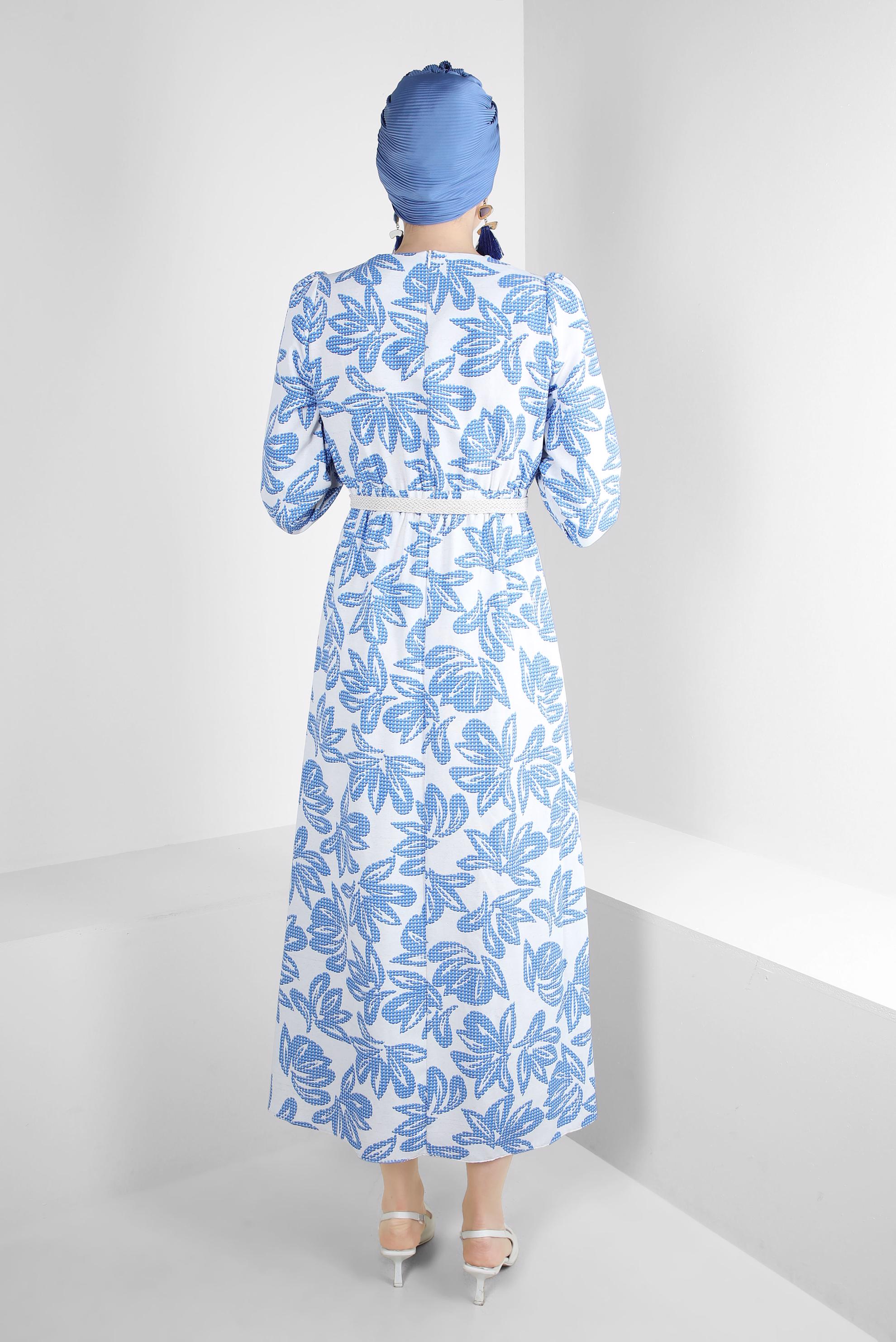 Tesettür giyim LACİVERT ÇİÇEK DESENLİ BELİ LASTİKLİ KEMERLİ ELBİSE 43822