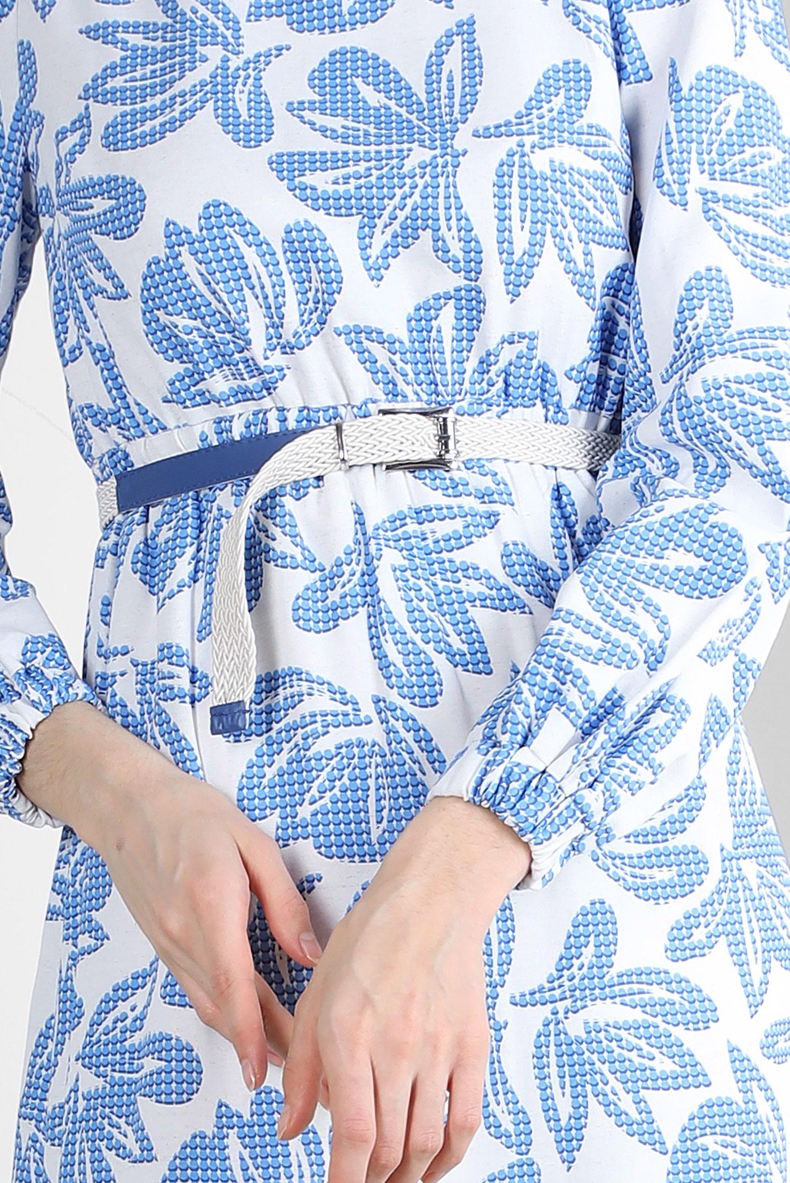 Tesettür giyim LACİVERT ÇİÇEK DESENLİ BELİ LASTİKLİ KEMERLİ ELBİSE 43822