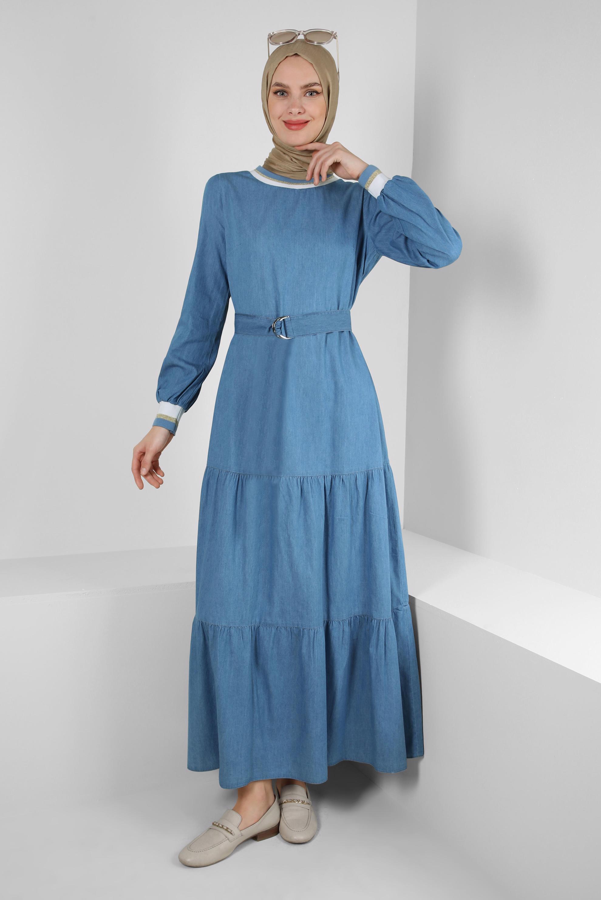 Tesettür giyim LACİVERT KEMERLİ MANŞETLERİ LASTİKLİ DENİM ELBİSE 43823