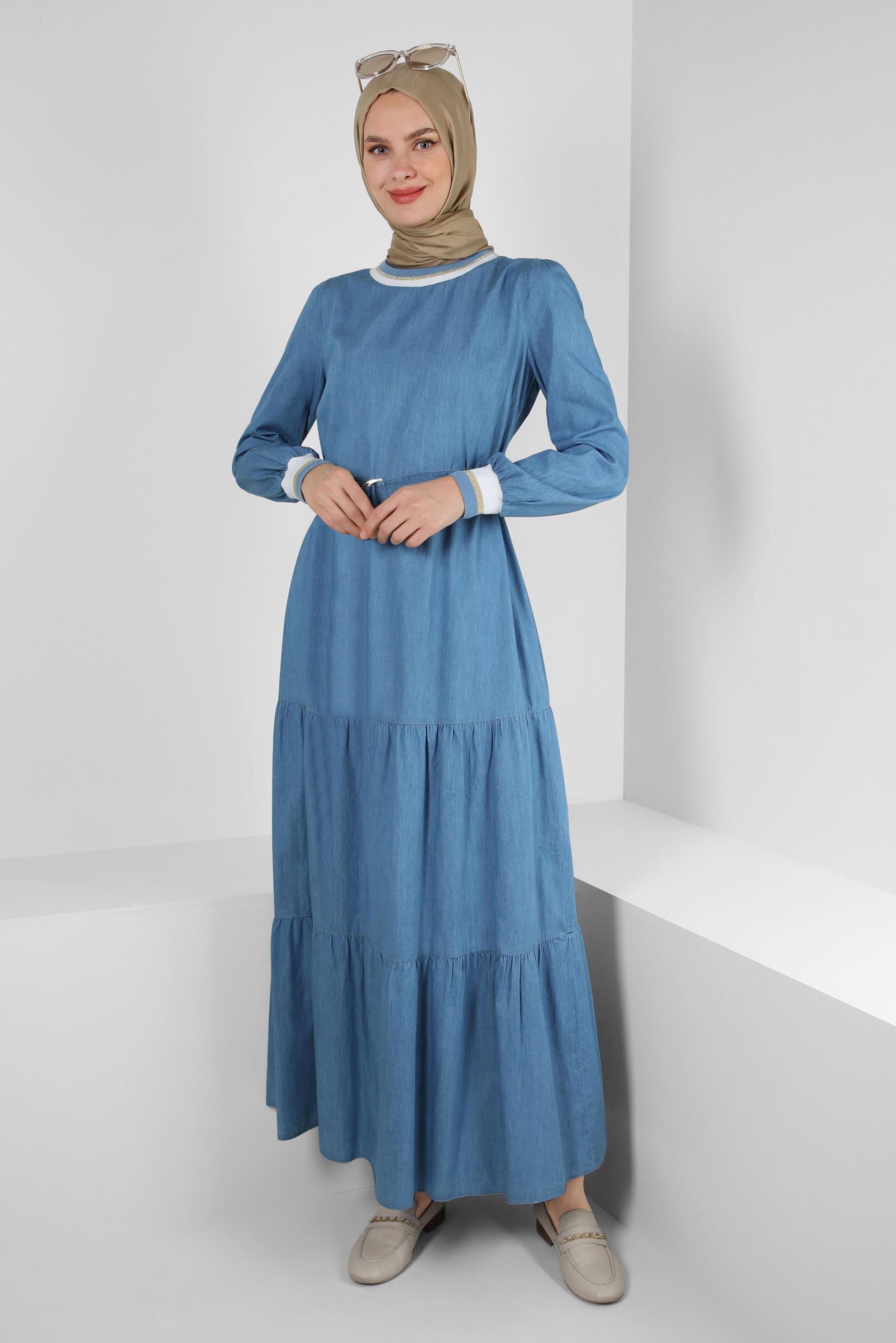 Tesettür giyim LACİVERT KEMERLİ MANŞETLERİ LASTİKLİ DENİM ELBİSE 43823