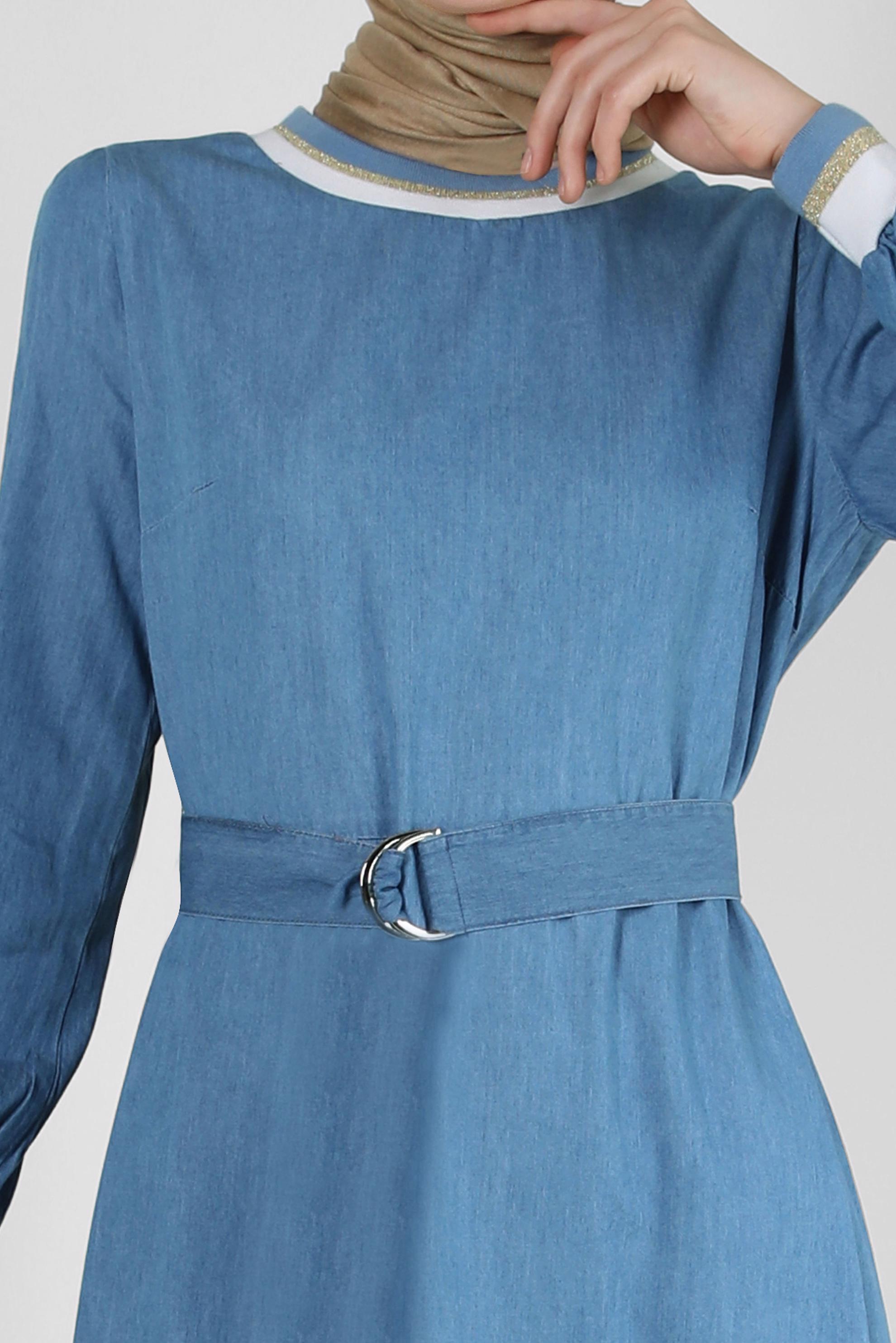 Tesettür giyim LACİVERT KEMERLİ MANŞETLERİ LASTİKLİ DENİM ELBİSE 43823