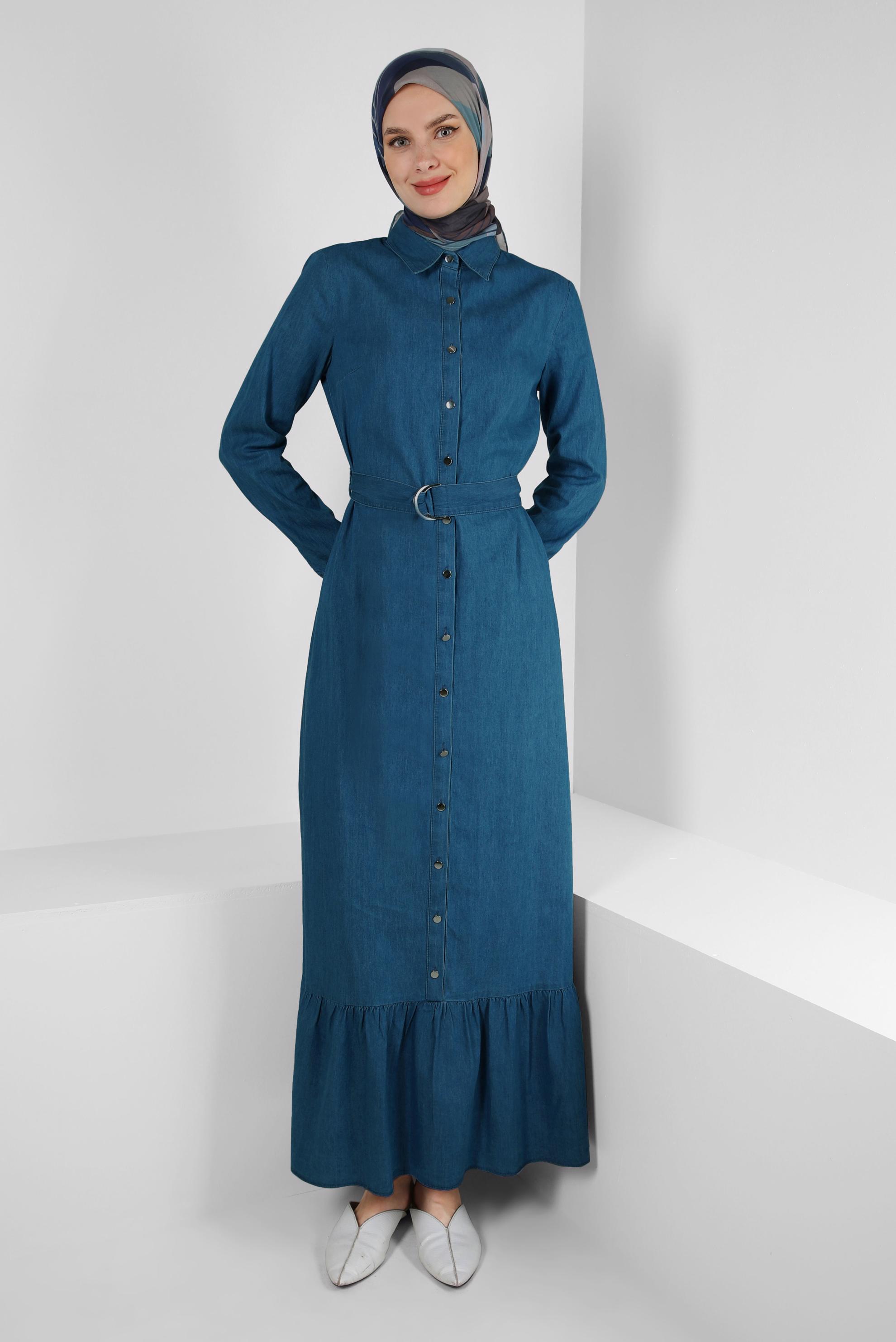 Tesettür giyim LACİVERT GÖMLEK YAKA DÜĞMELİ KEMERLİ DENİM ELBİSE 43824