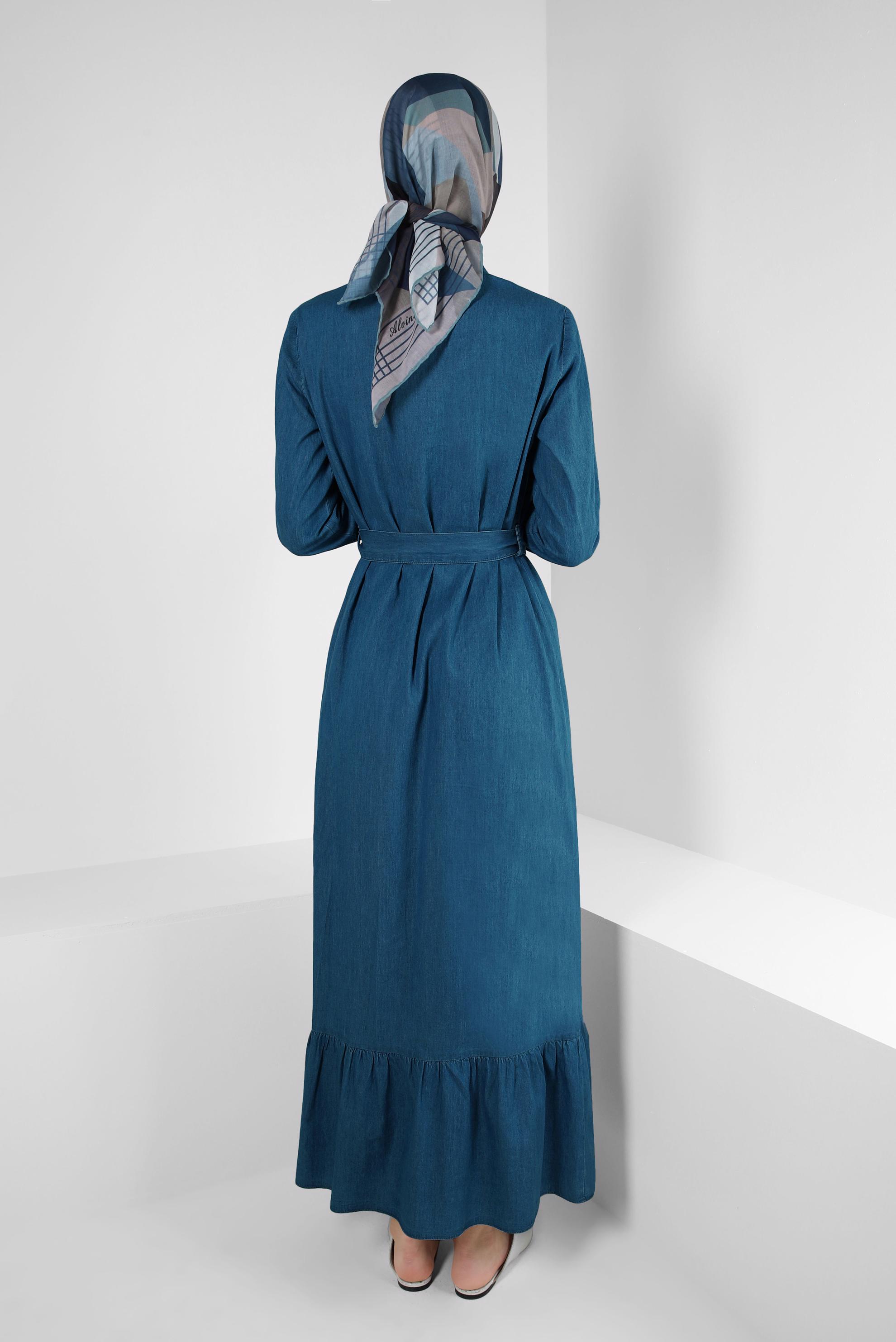 Tesettür giyim LACİVERT GÖMLEK YAKA DÜĞMELİ KEMERLİ DENİM ELBİSE 43824