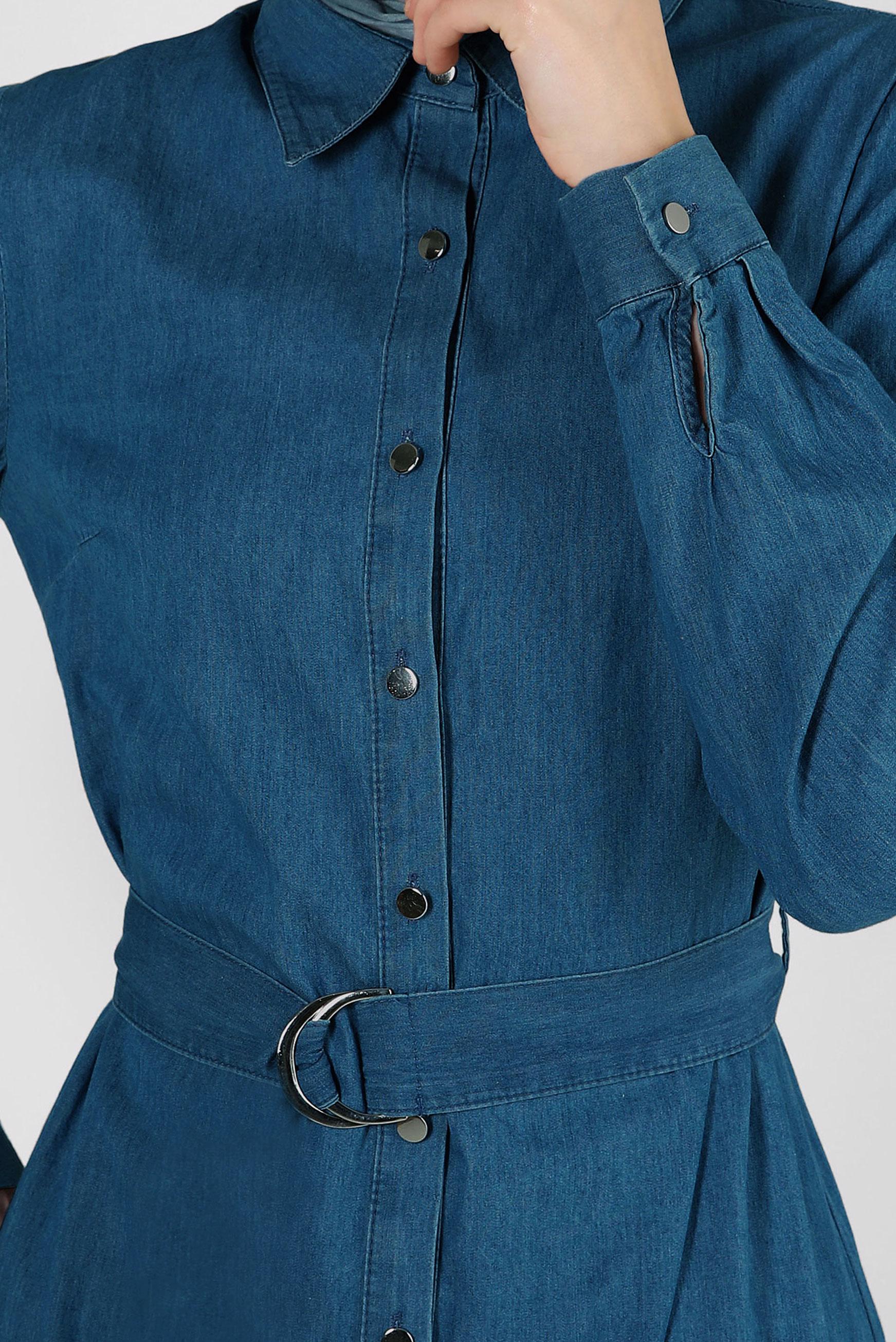 Tesettür giyim LACİVERT GÖMLEK YAKA DÜĞMELİ KEMERLİ DENİM ELBİSE 43824