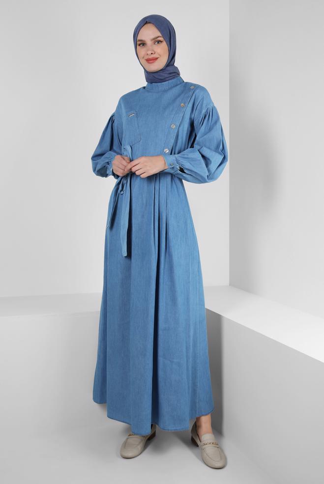 Hijab clothing NAVY BLUE BELTED DENIM DRESS WITH BUTTON DETAIL 43825 - ALVİNA