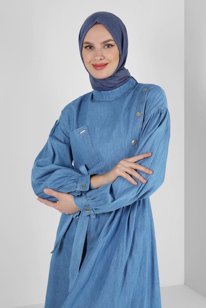 Hijab clothing NAVY BLUE BELTED DENIM DRESS WITH BUTTON DETAIL 43825 - ALVİNA