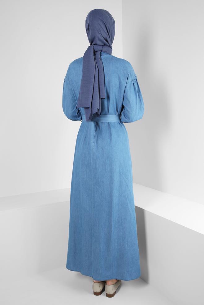 Hijab clothing NAVY BLUE BELTED DENIM DRESS WITH BUTTON DETAIL 43825 - ALVİNA