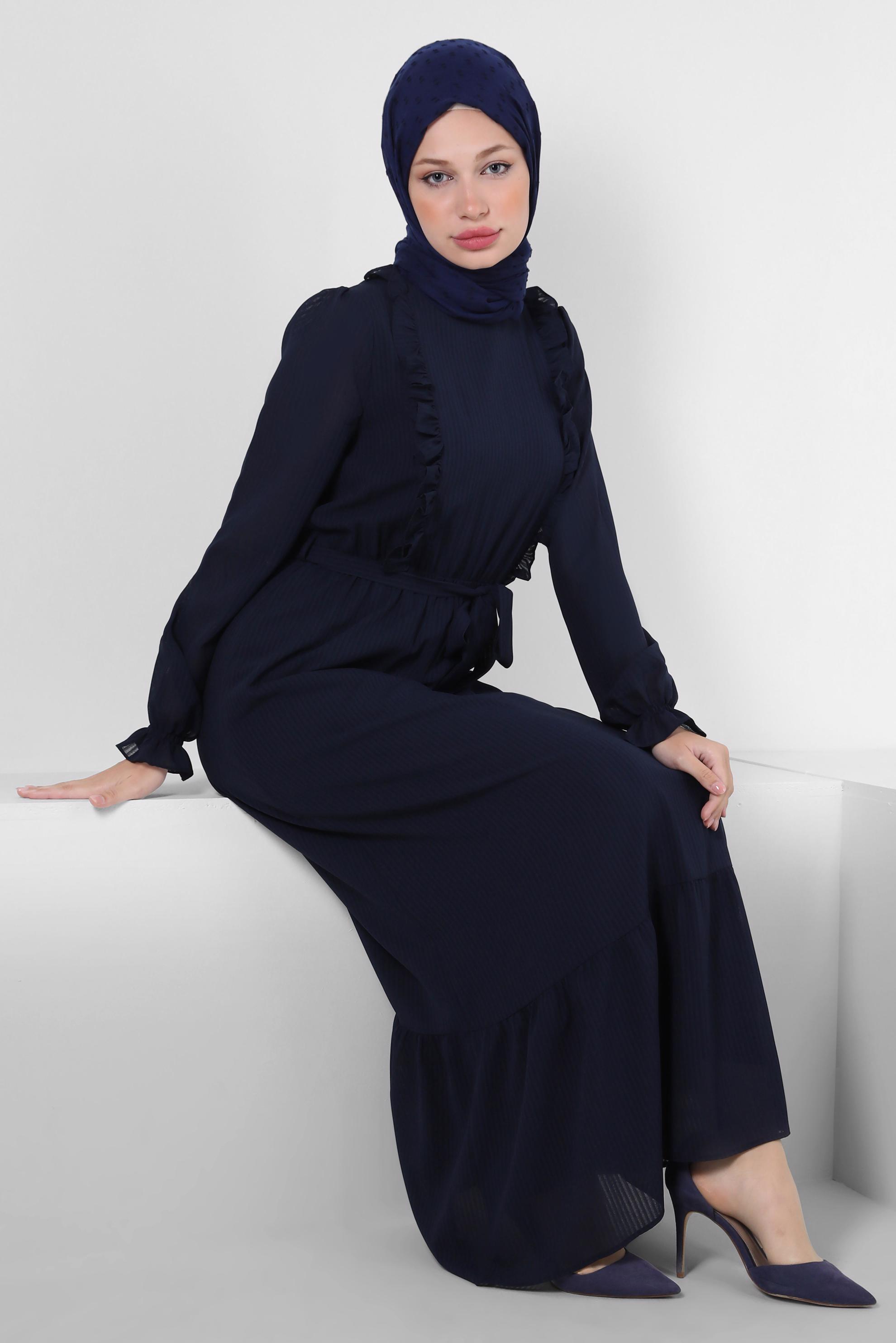 Tesettür giyim LACİVERT FIRFIR DETAYLI KUŞAKLI ELBİSE 43863