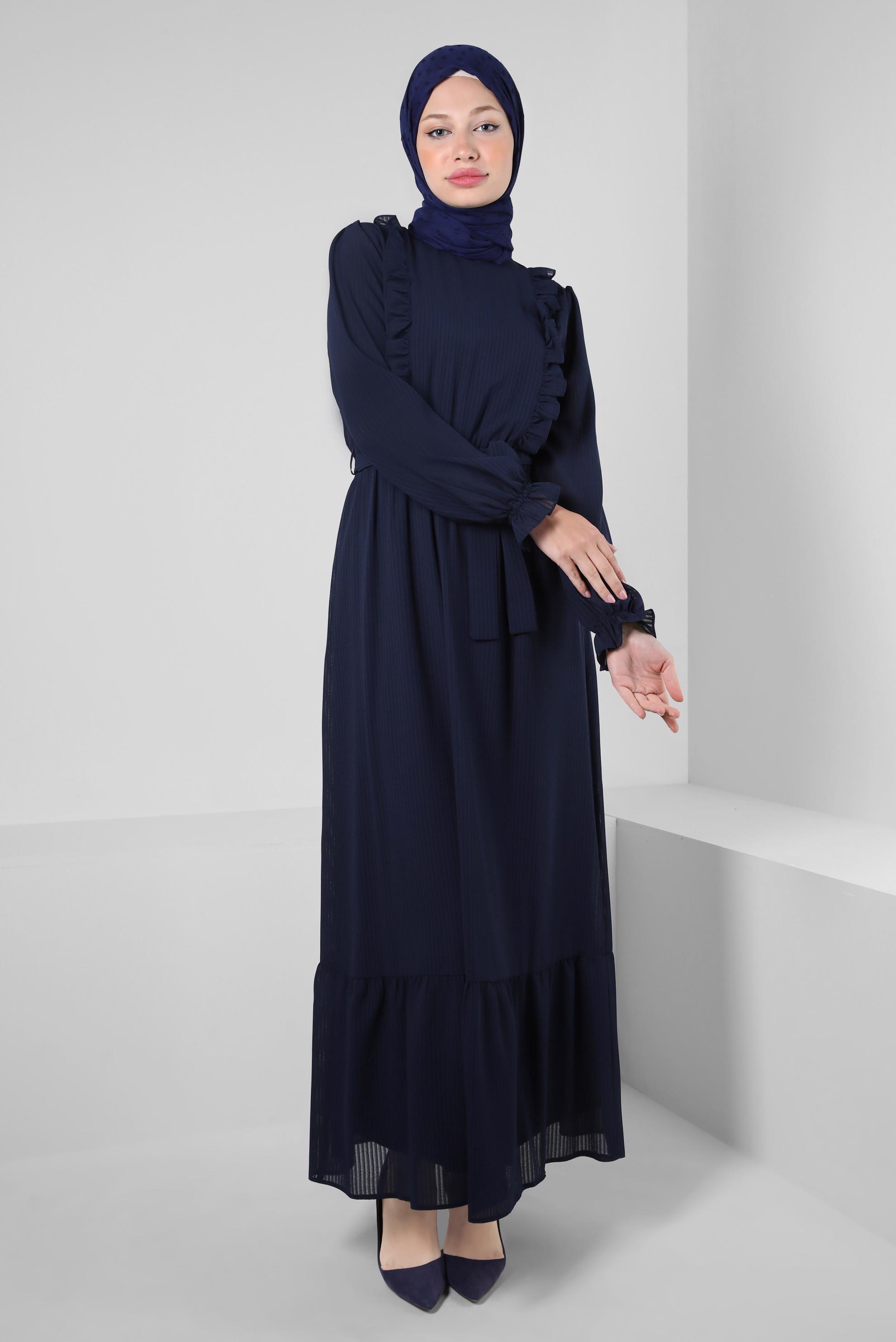 Tesettür giyim LACİVERT FIRFIR DETAYLI KUŞAKLI ELBİSE 43863