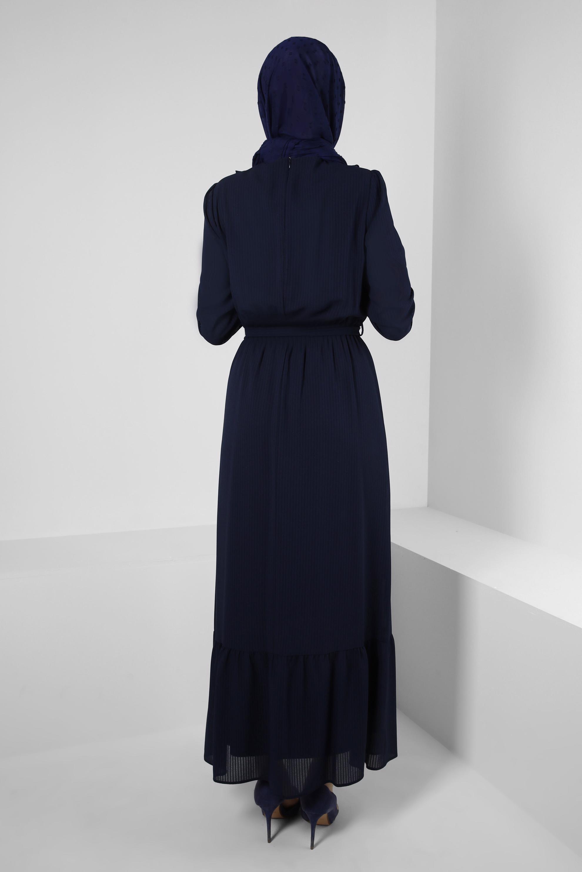 Tesettür giyim LACİVERT FIRFIR DETAYLI KUŞAKLI ELBİSE 43863