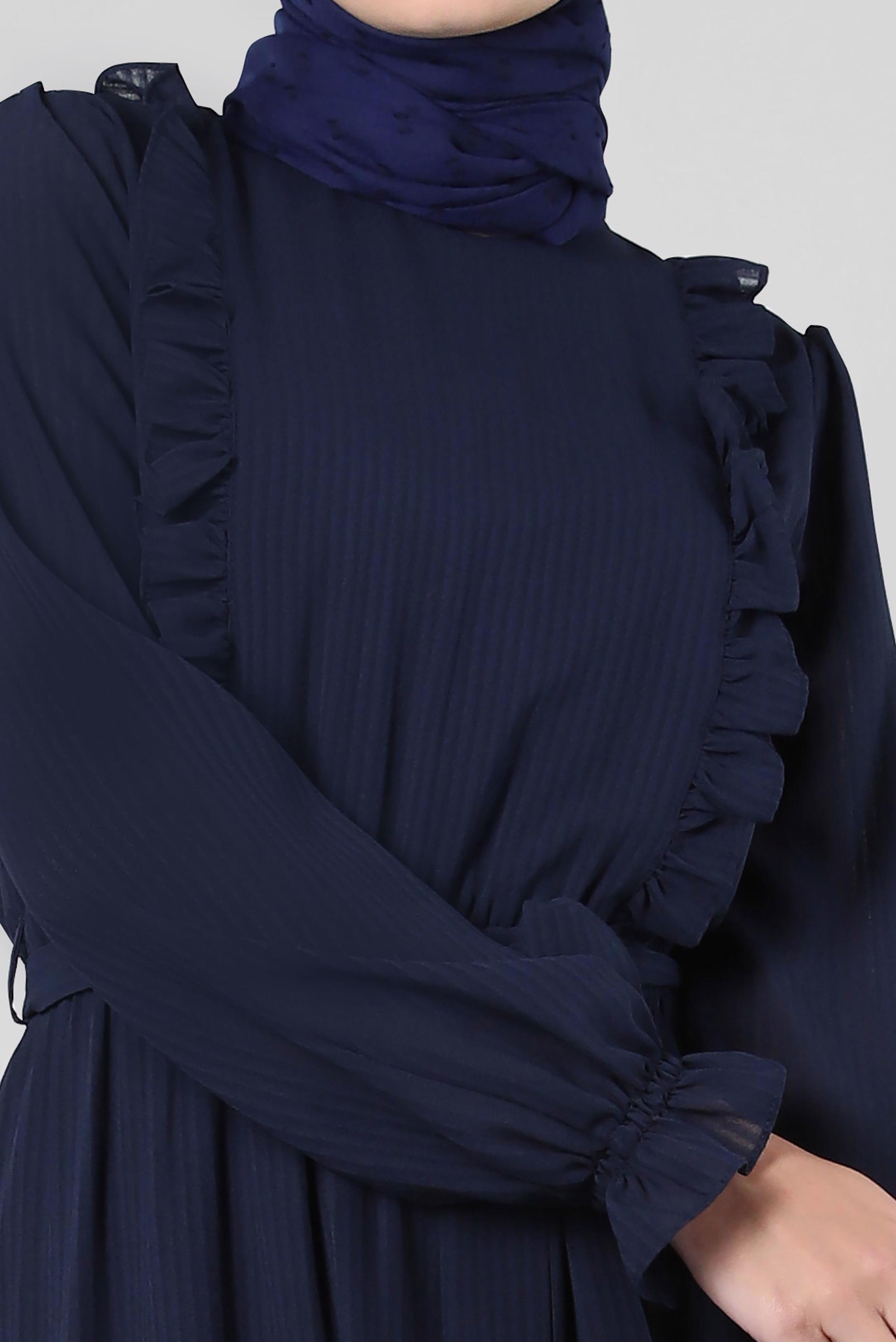 Tesettür giyim LACİVERT FIRFIR DETAYLI KUŞAKLI ELBİSE 43863