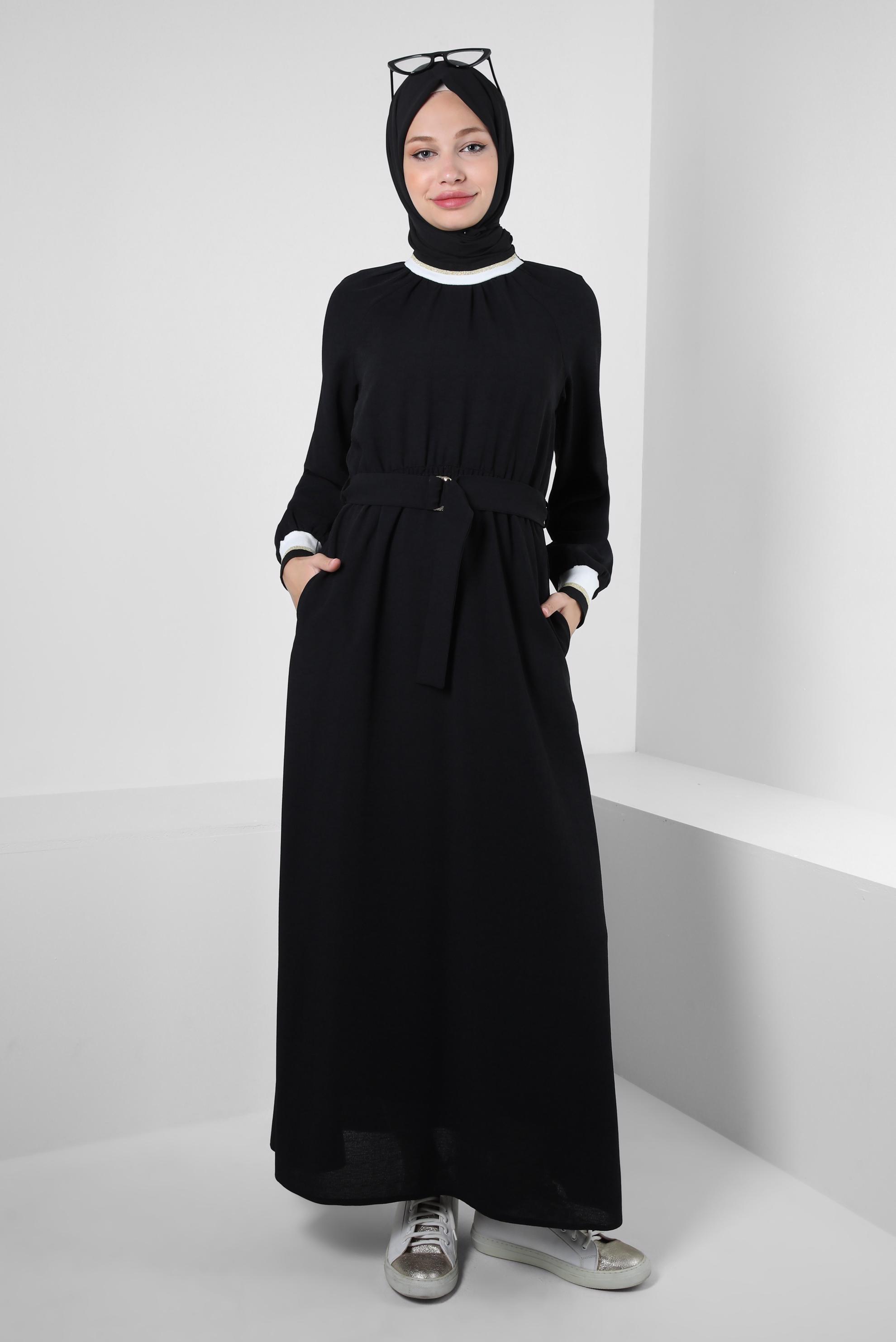 Tesettür giyim SİYAH BELİ LASTİKLİ KEMERLİ ELBİSE 43865