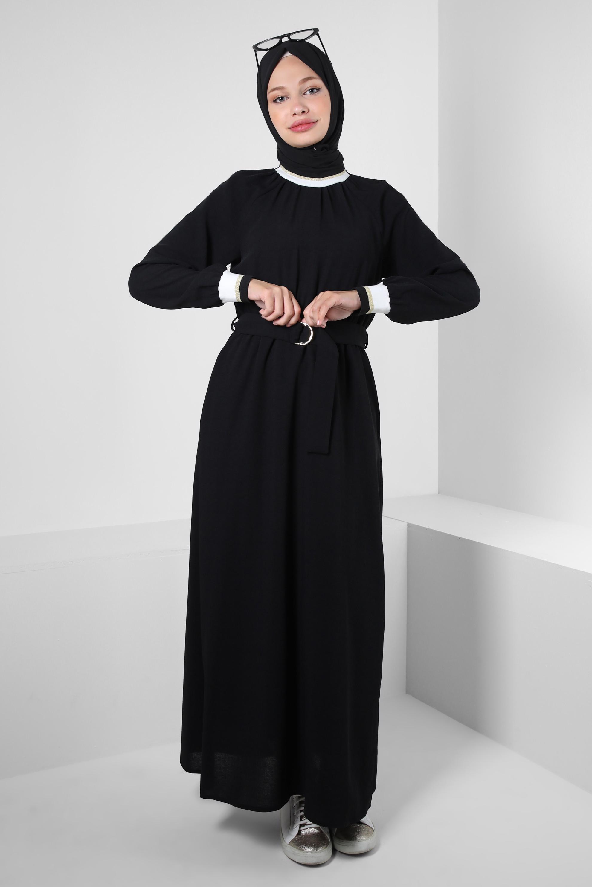 Tesettür giyim SİYAH BELİ LASTİKLİ KEMERLİ ELBİSE 43865