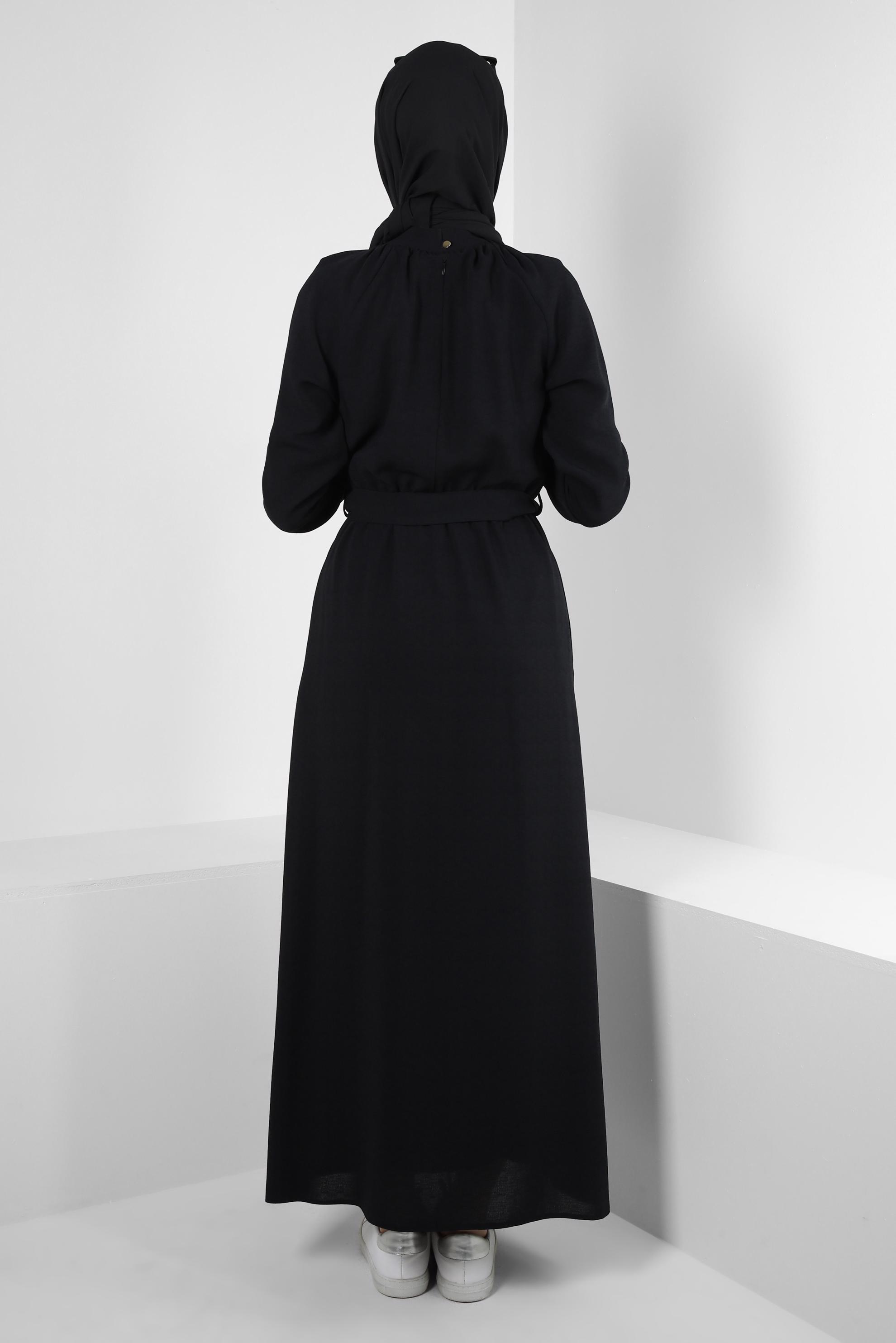 Tesettür giyim SİYAH BELİ LASTİKLİ KEMERLİ ELBİSE 43865