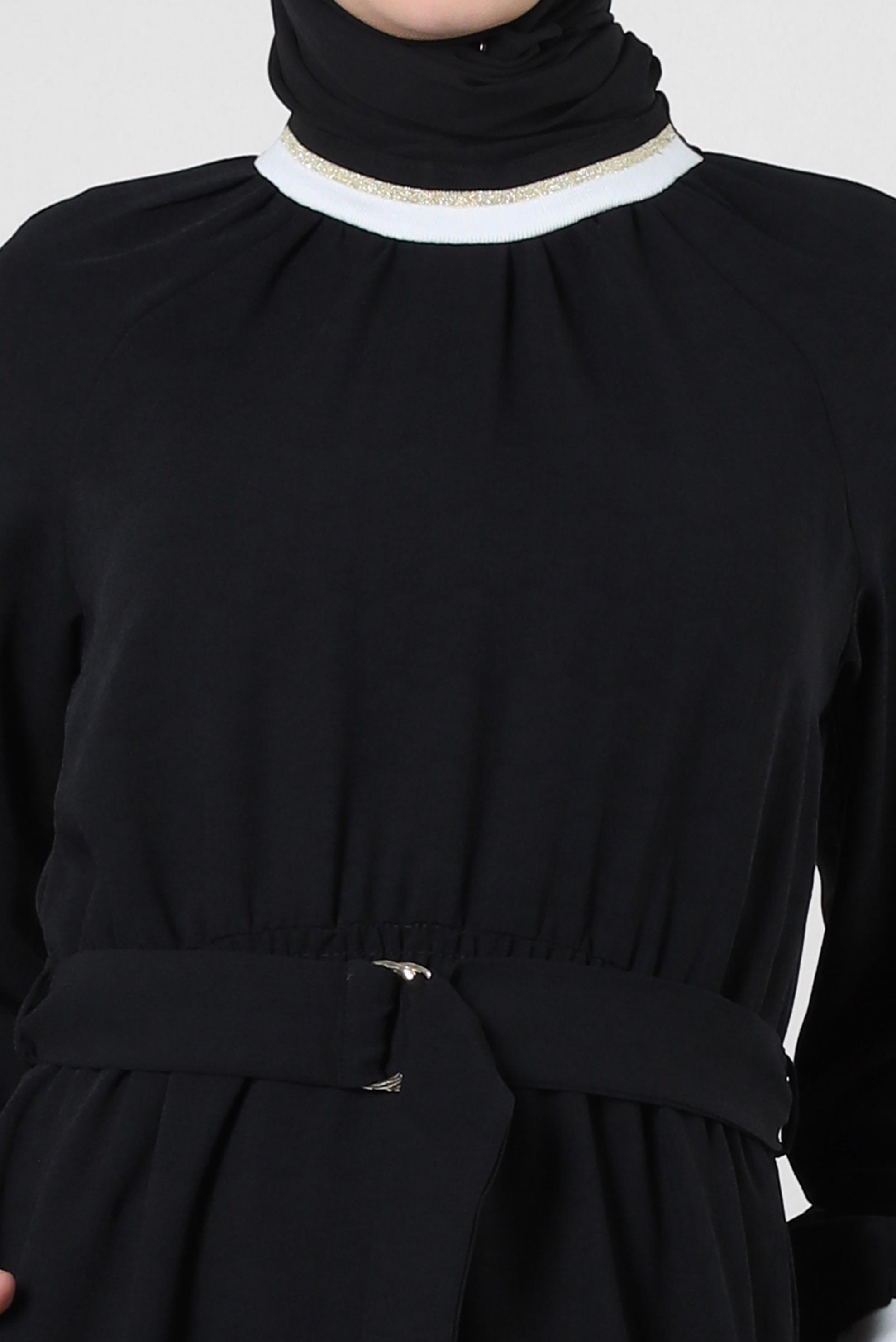 Tesettür giyim SİYAH BELİ LASTİKLİ KEMERLİ ELBİSE 43865