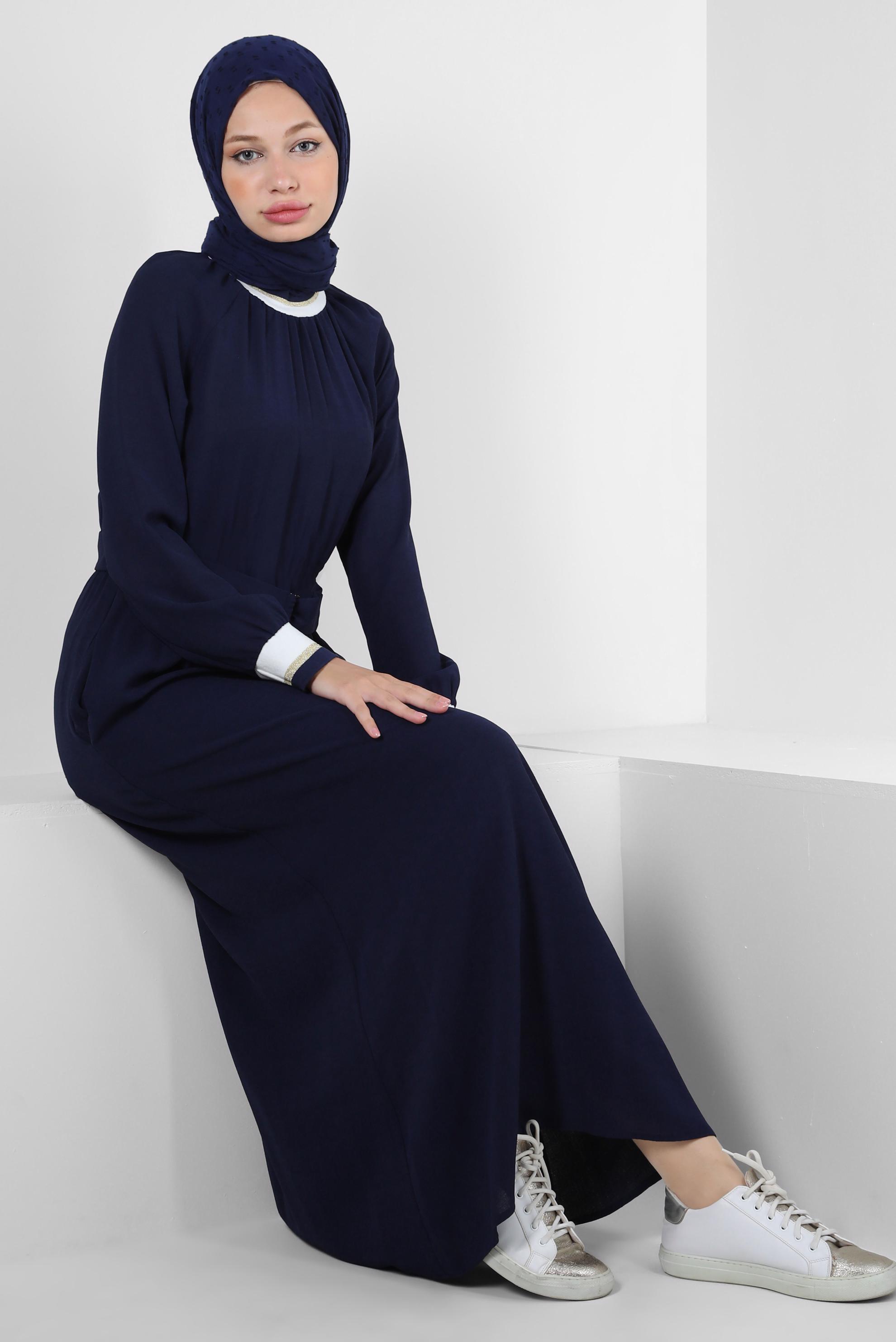 Tesettür giyim LACİVERT BELİ LASTİKLİ KEMERLİ ELBİSE 43865