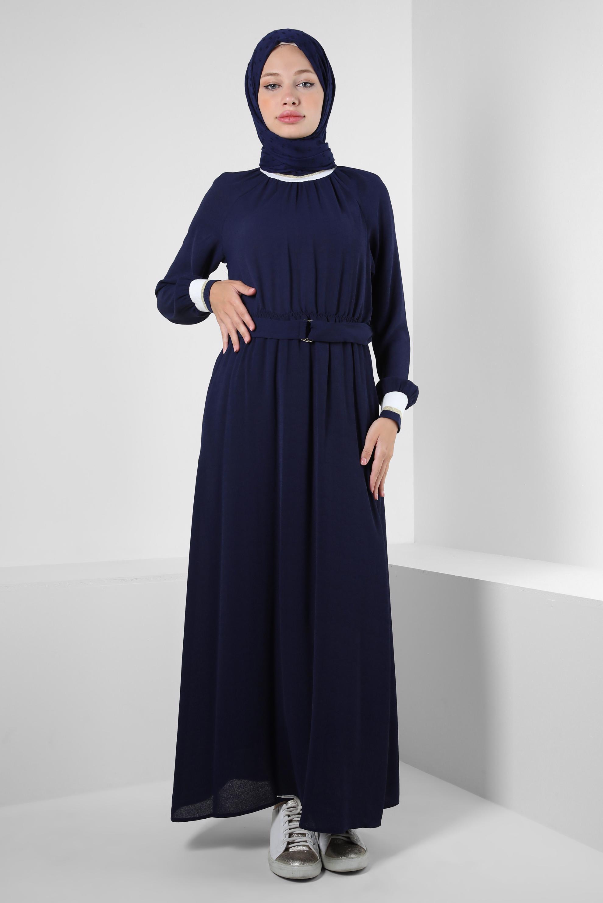 Tesettür giyim LACİVERT BELİ LASTİKLİ KEMERLİ ELBİSE 43865