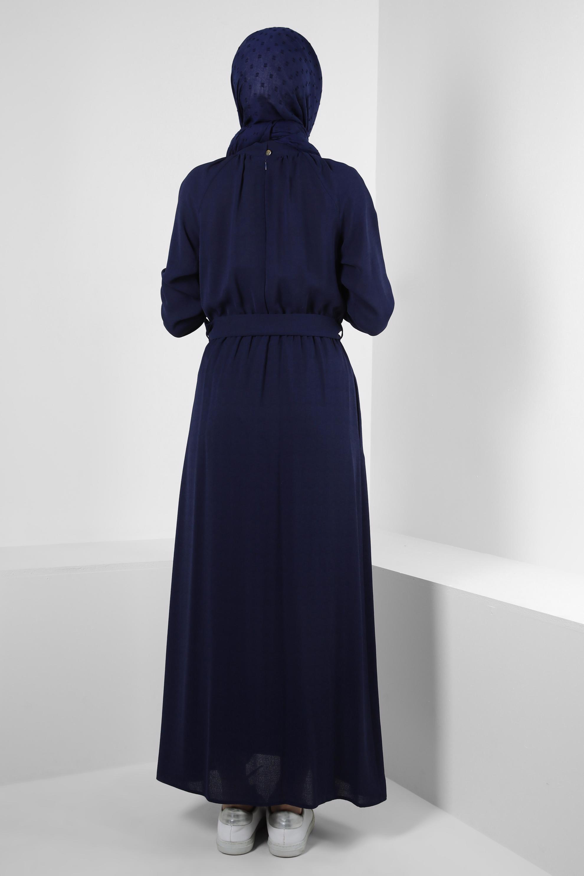 Tesettür giyim LACİVERT BELİ LASTİKLİ KEMERLİ ELBİSE 43865