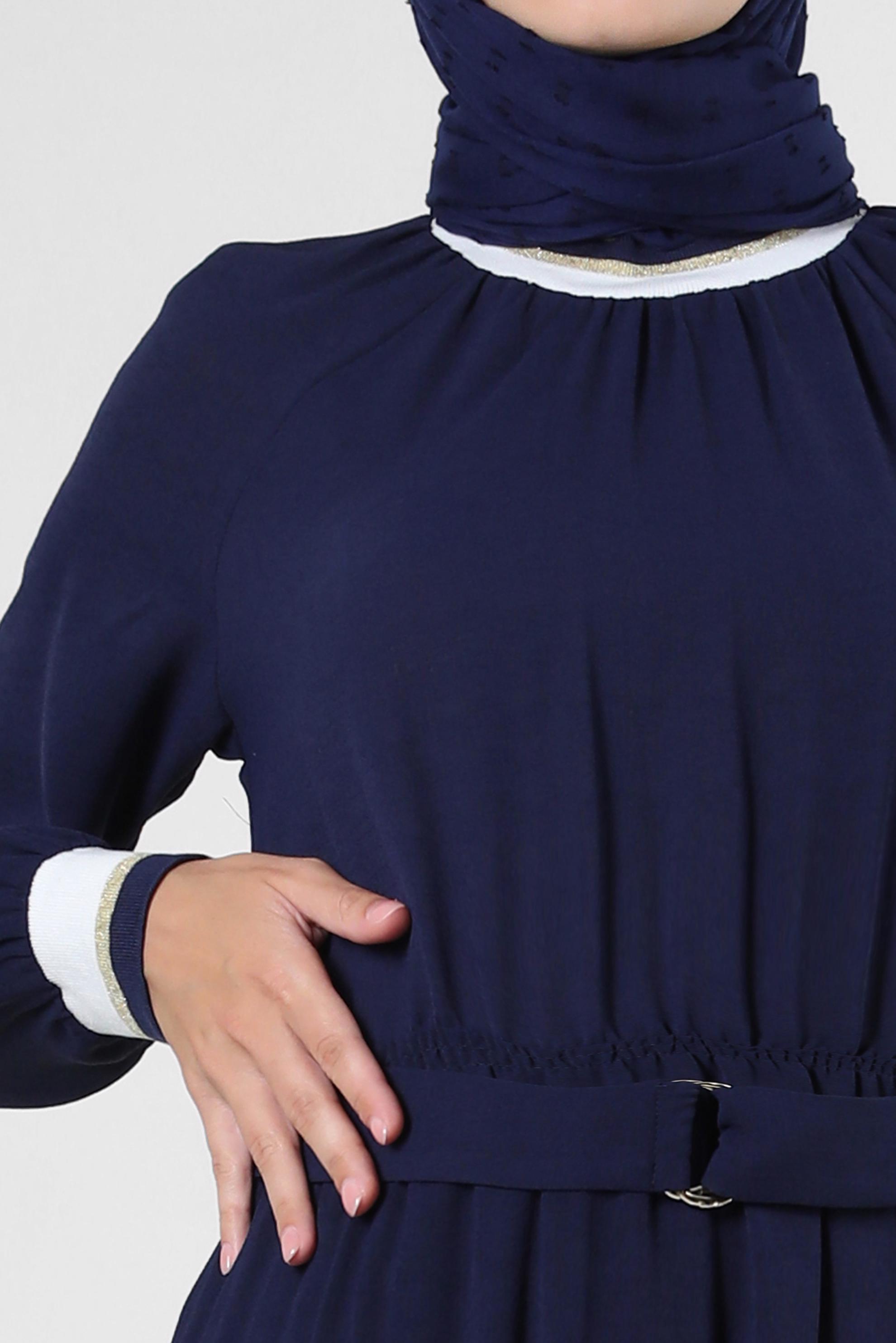 Tesettür giyim LACİVERT BELİ LASTİKLİ KEMERLİ ELBİSE 43865