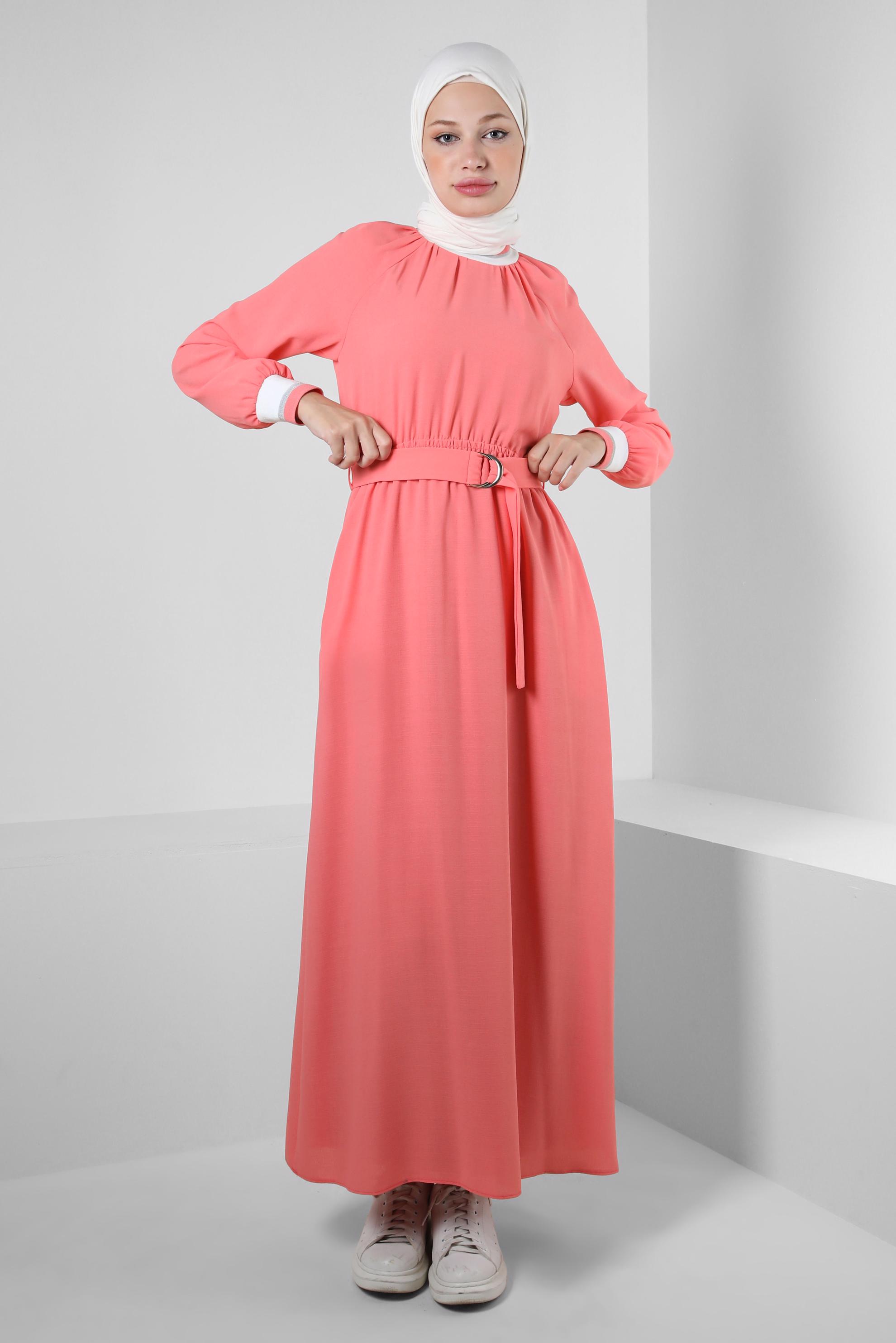 Tesettür giyim MERCAN BELİ LASTİKLİ KEMERLİ ELBİSE 43865