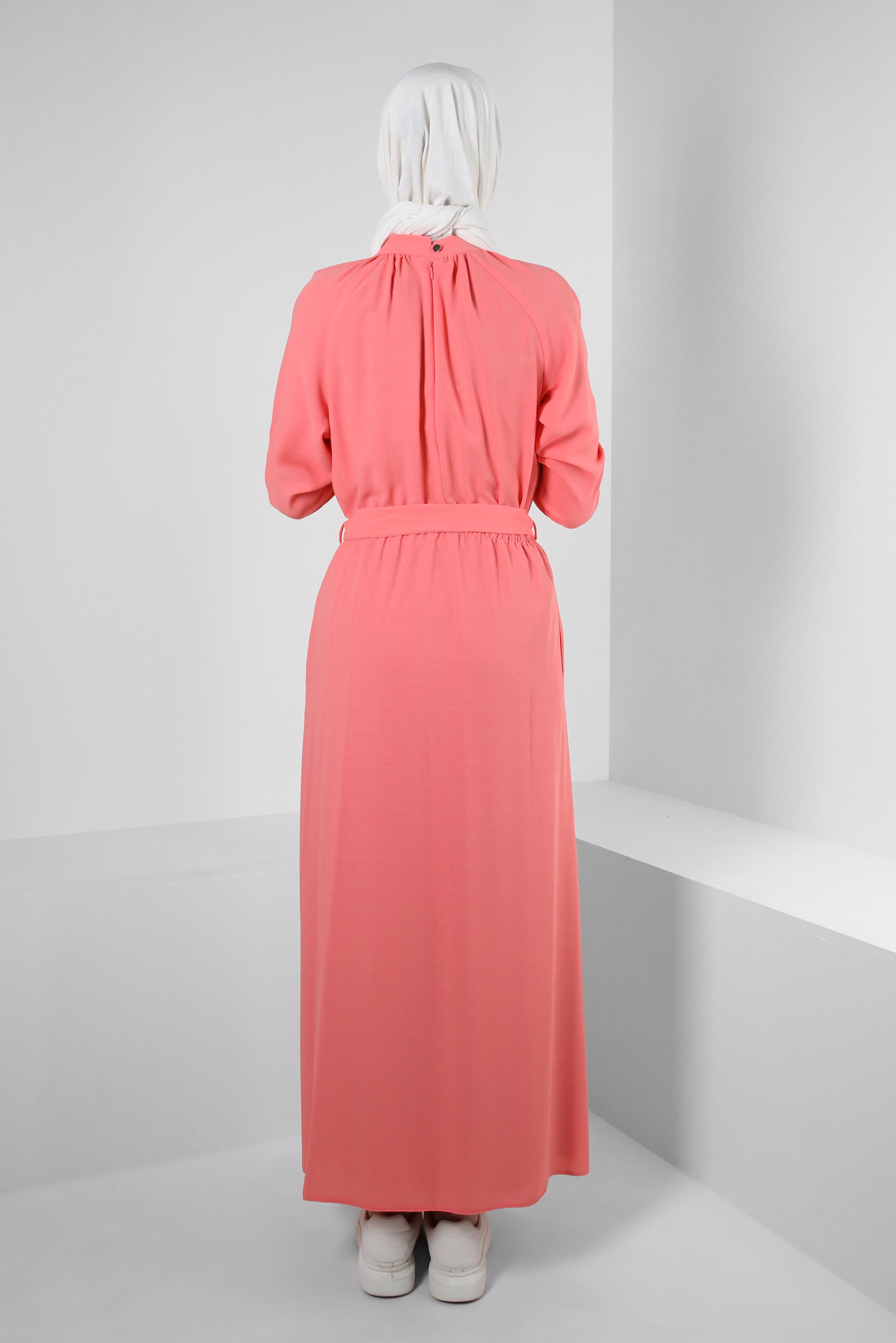 Tesettür giyim MERCAN BELİ LASTİKLİ KEMERLİ ELBİSE 43865