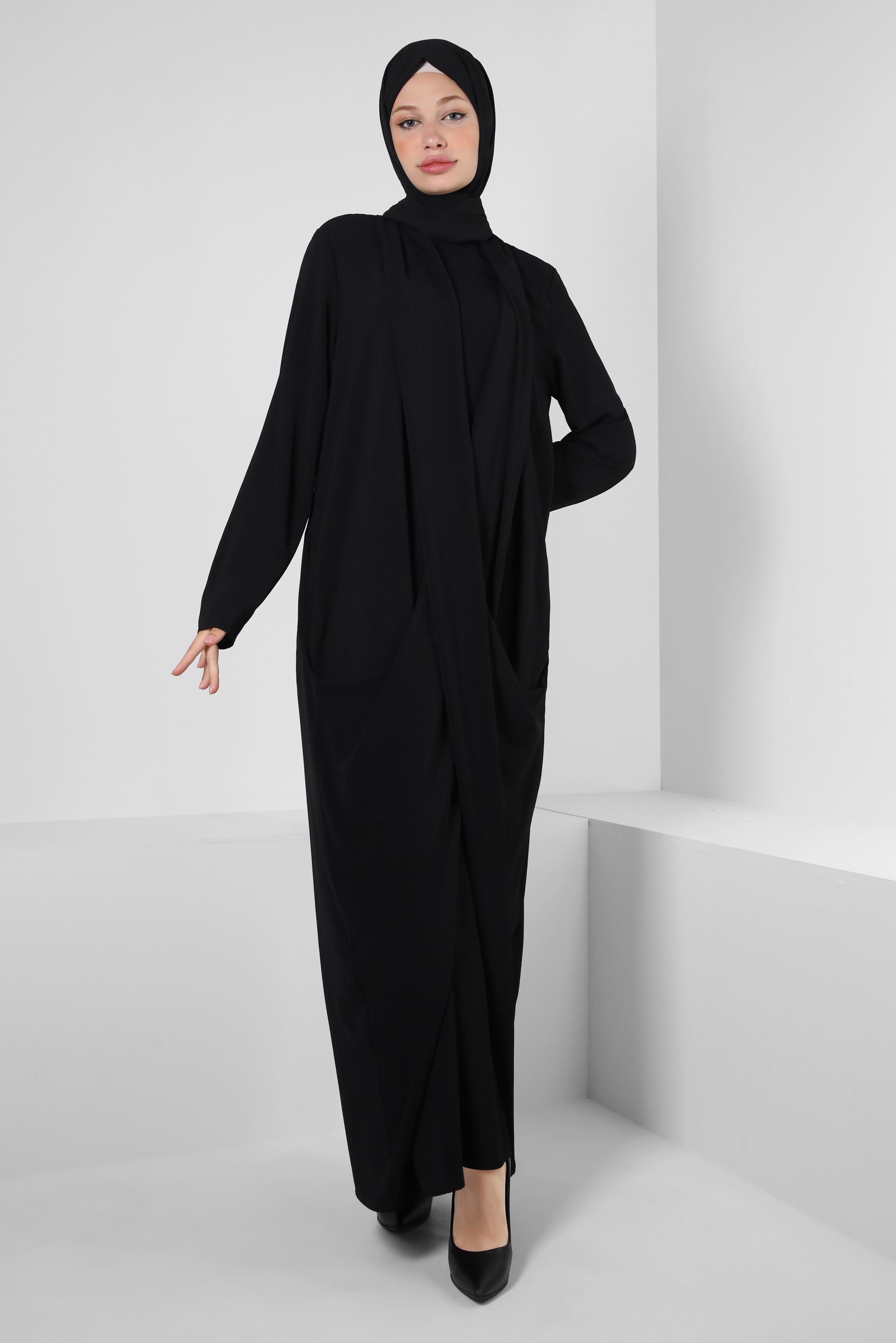 Tesettür giyim SİYAH ASİMETRİK KESİM CEPLİ ELBİSE 43903