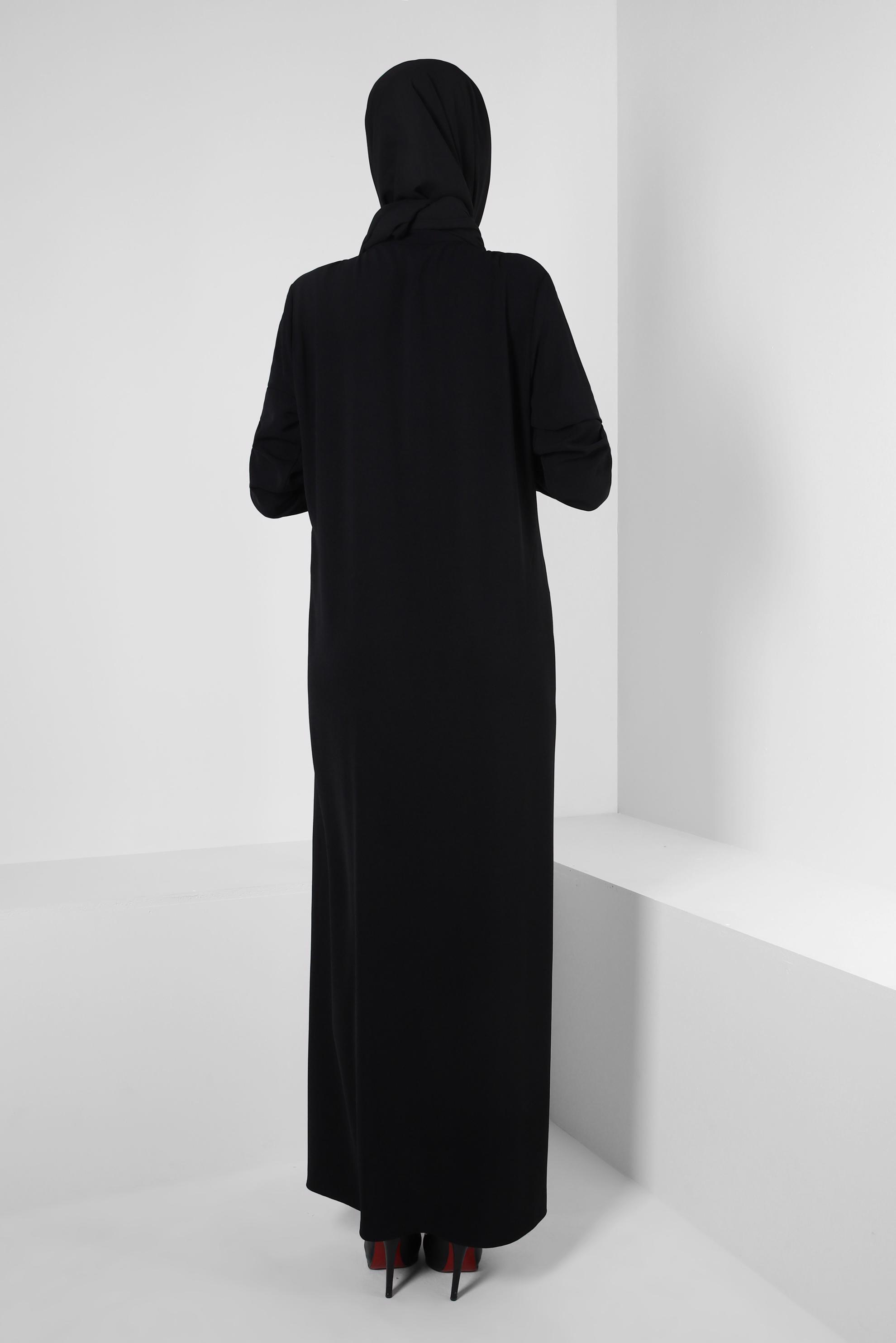 Tesettür giyim SİYAH ASİMETRİK KESİM CEPLİ ELBİSE 43903