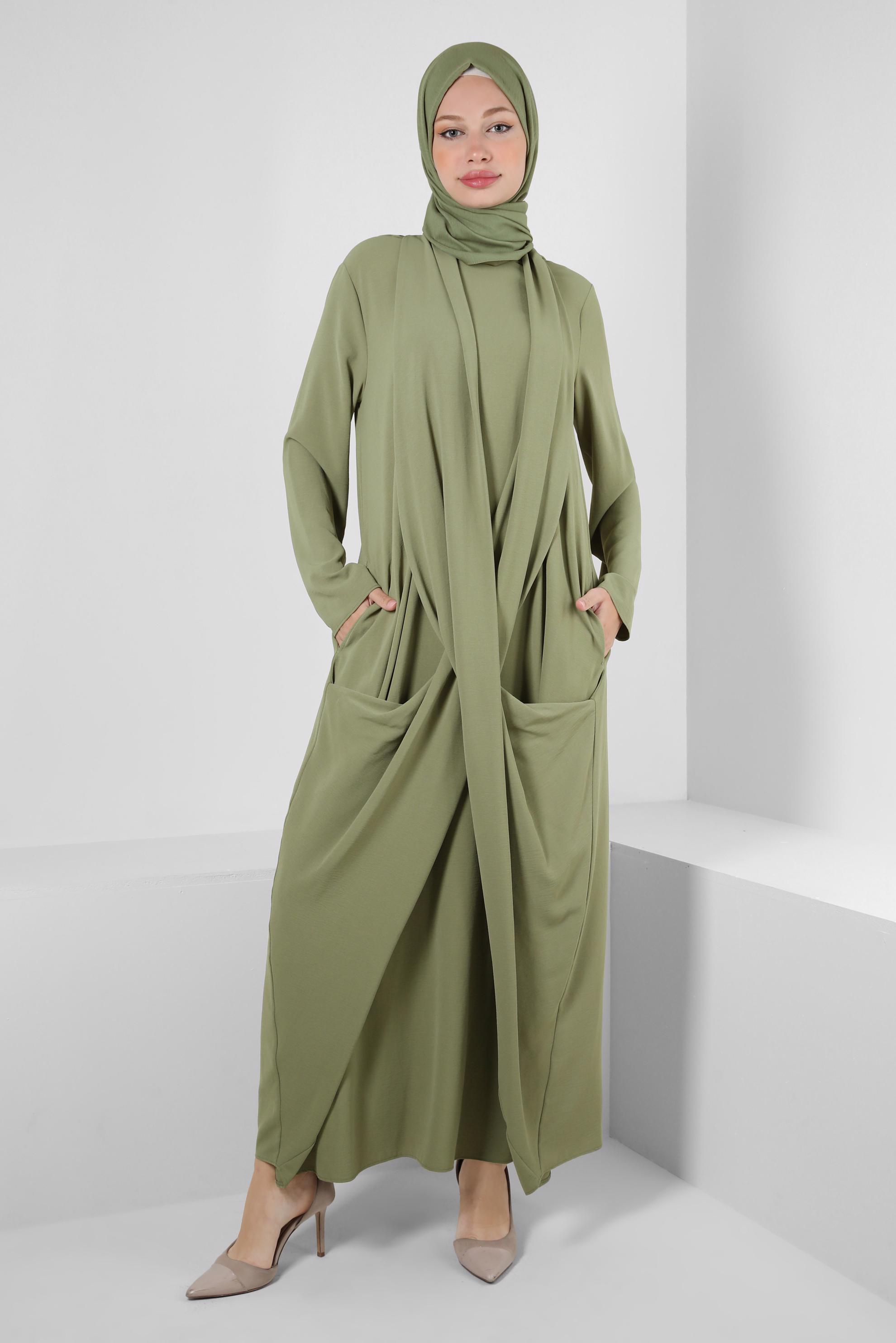 Tesettür giyim HAKİ ASİMETRİK KESİM CEPLİ ELBİSE 43903