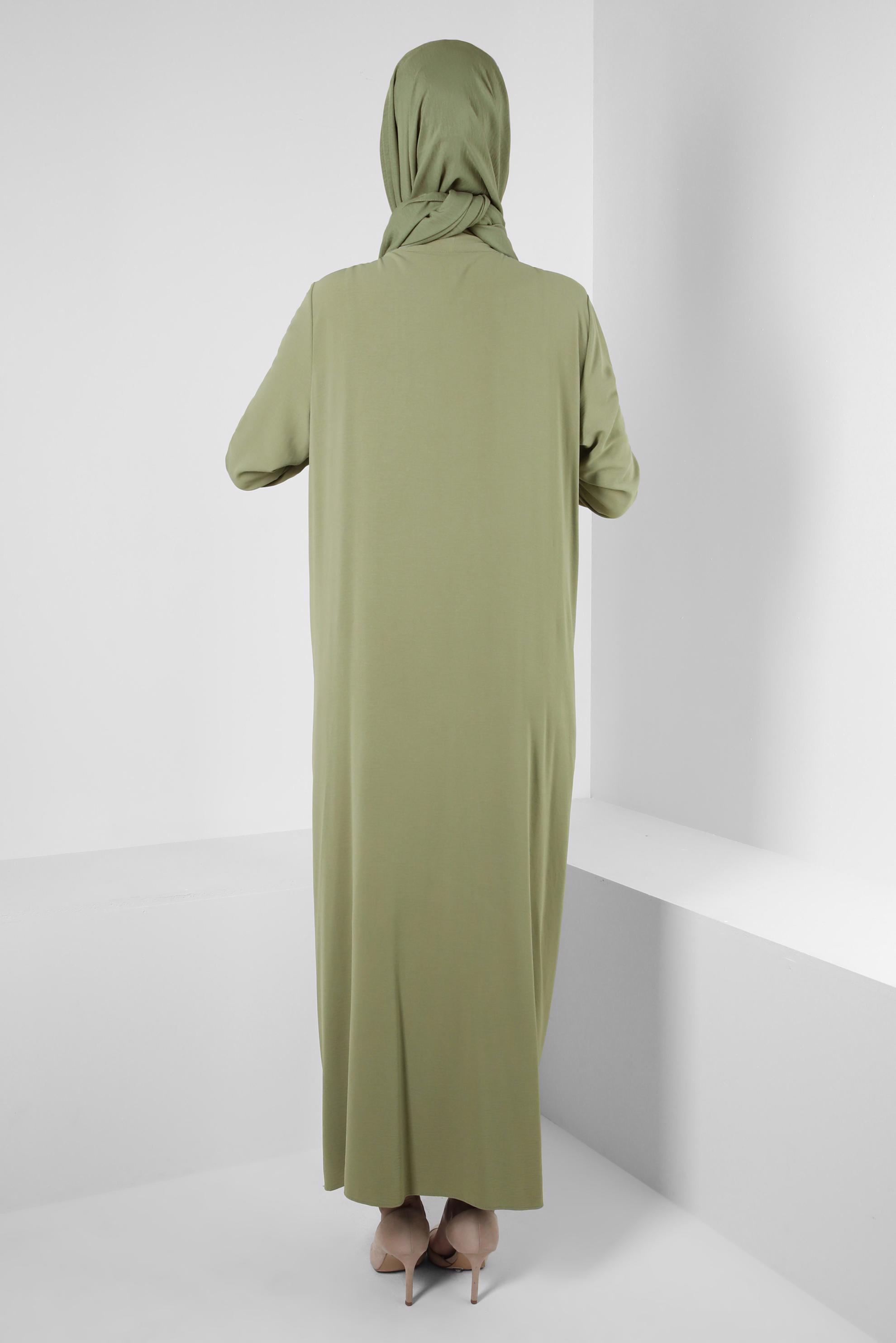 Tesettür giyim HAKİ ASİMETRİK KESİM CEPLİ ELBİSE 43903