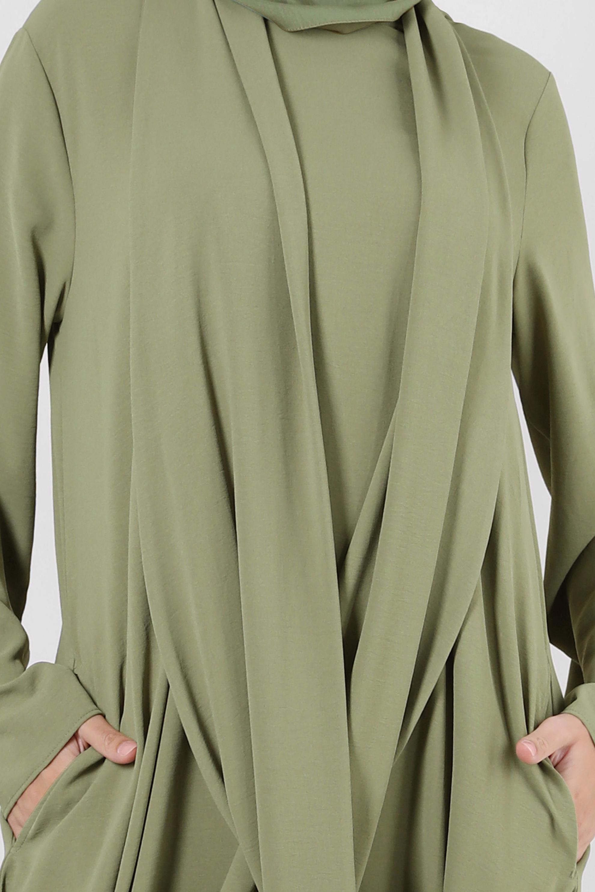 Tesettür giyim HAKİ ASİMETRİK KESİM CEPLİ ELBİSE 43903