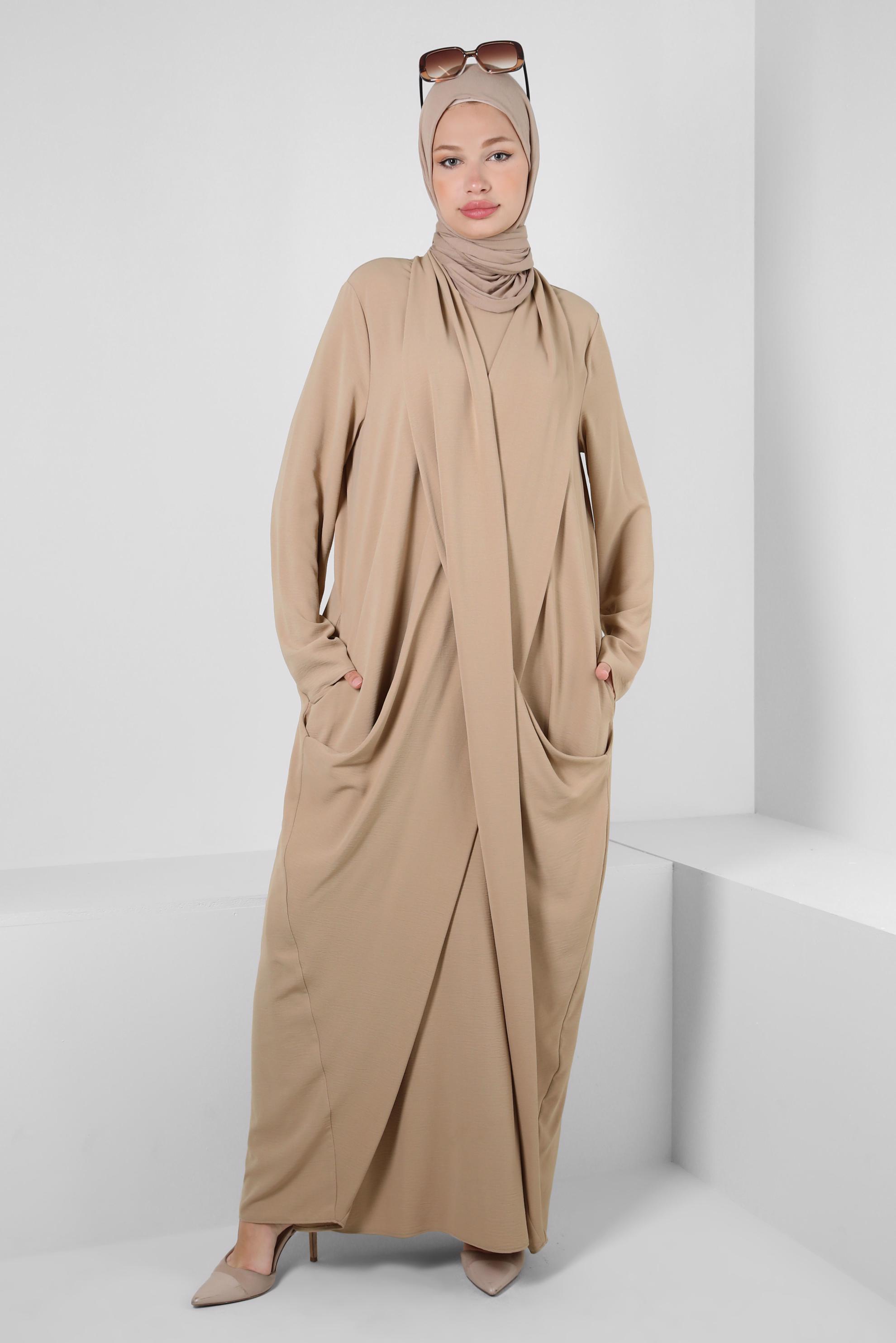Tesettür giyim KAHVE ASİMETRİK KESİM CEPLİ ELBİSE 43903