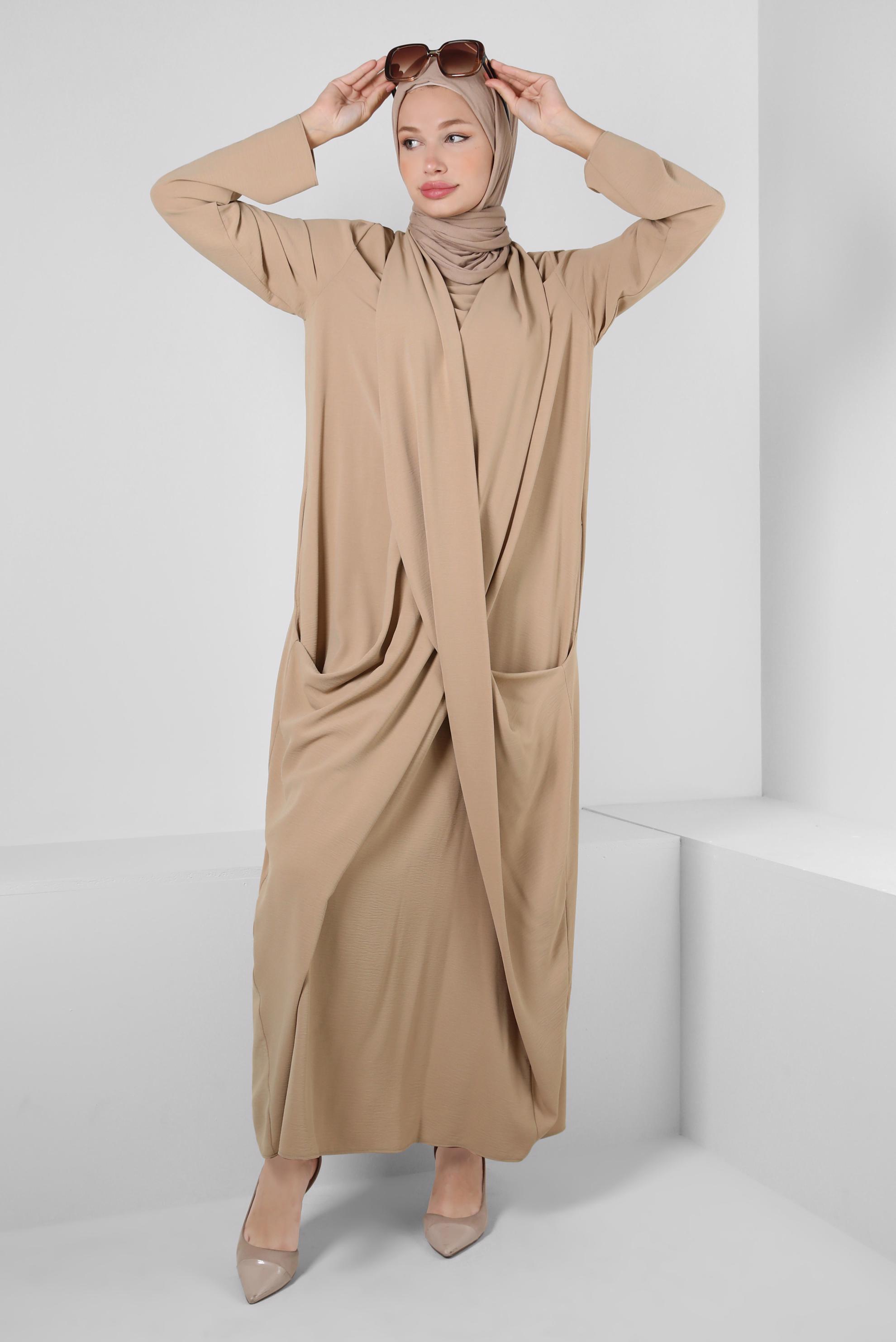 Tesettür giyim KAHVE ASİMETRİK KESİM CEPLİ ELBİSE 43903