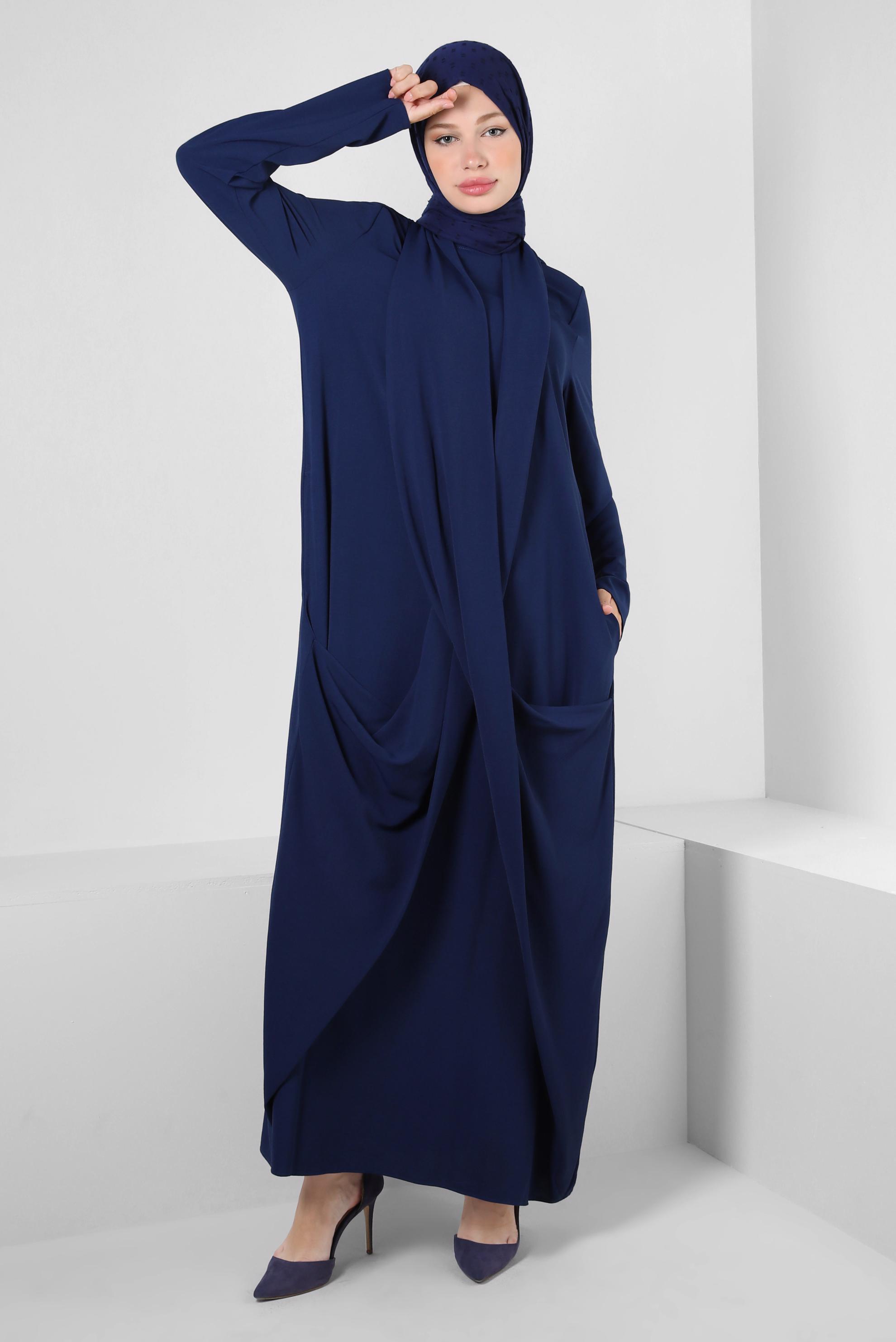 Tesettür giyim LACİVERT ASİMETRİK KESİM CEPLİ ELBİSE 43903