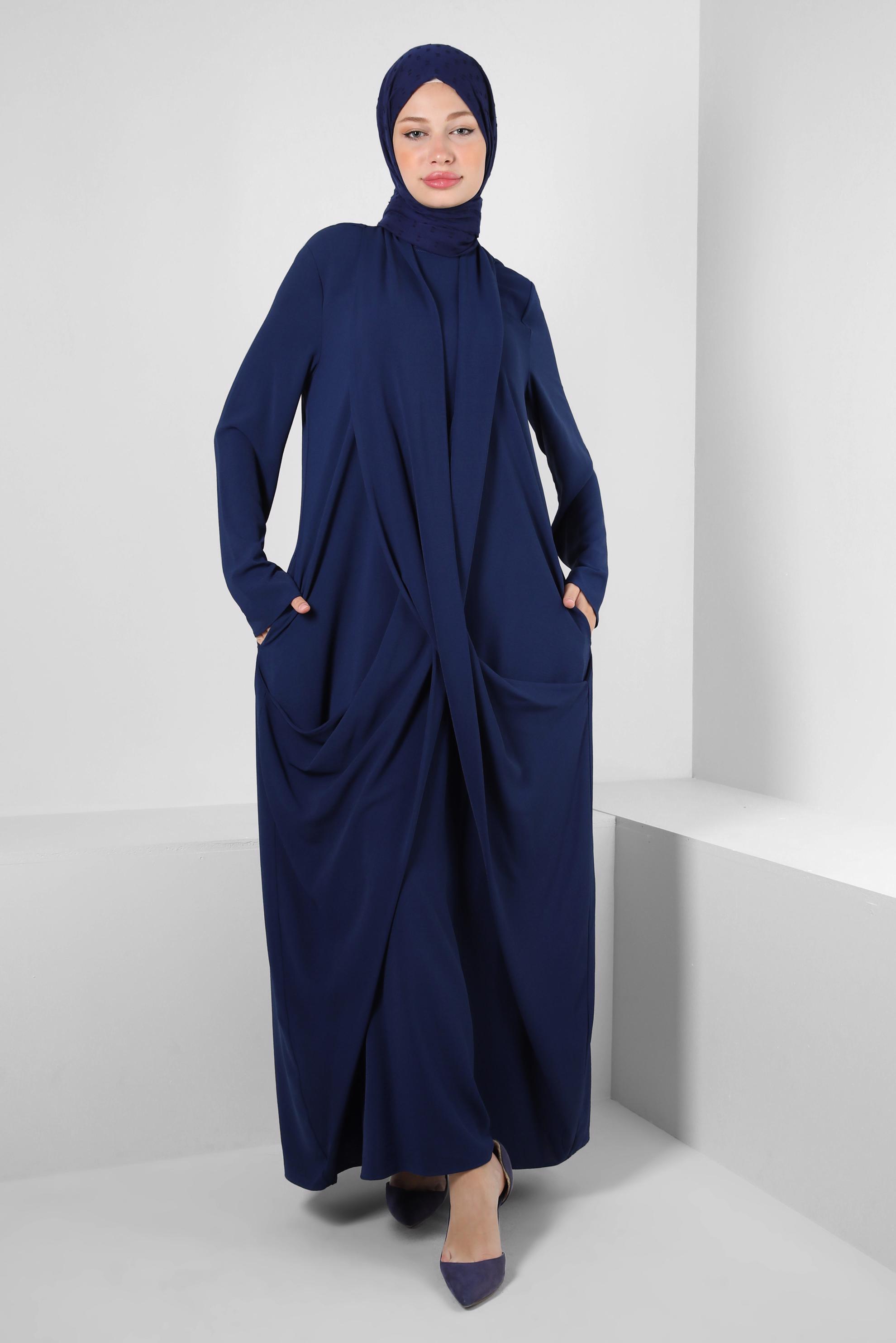 Tesettür giyim LACİVERT ASİMETRİK KESİM CEPLİ ELBİSE 43903
