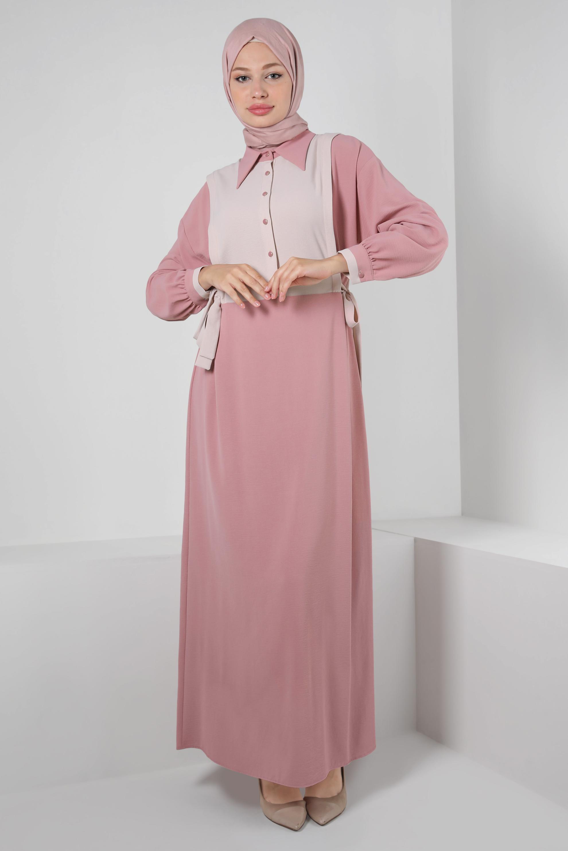 Tesettür giyim PUDRA YANI BAĞLAMA DETAYLI İKİ RENKLİ ELBİSE 43936