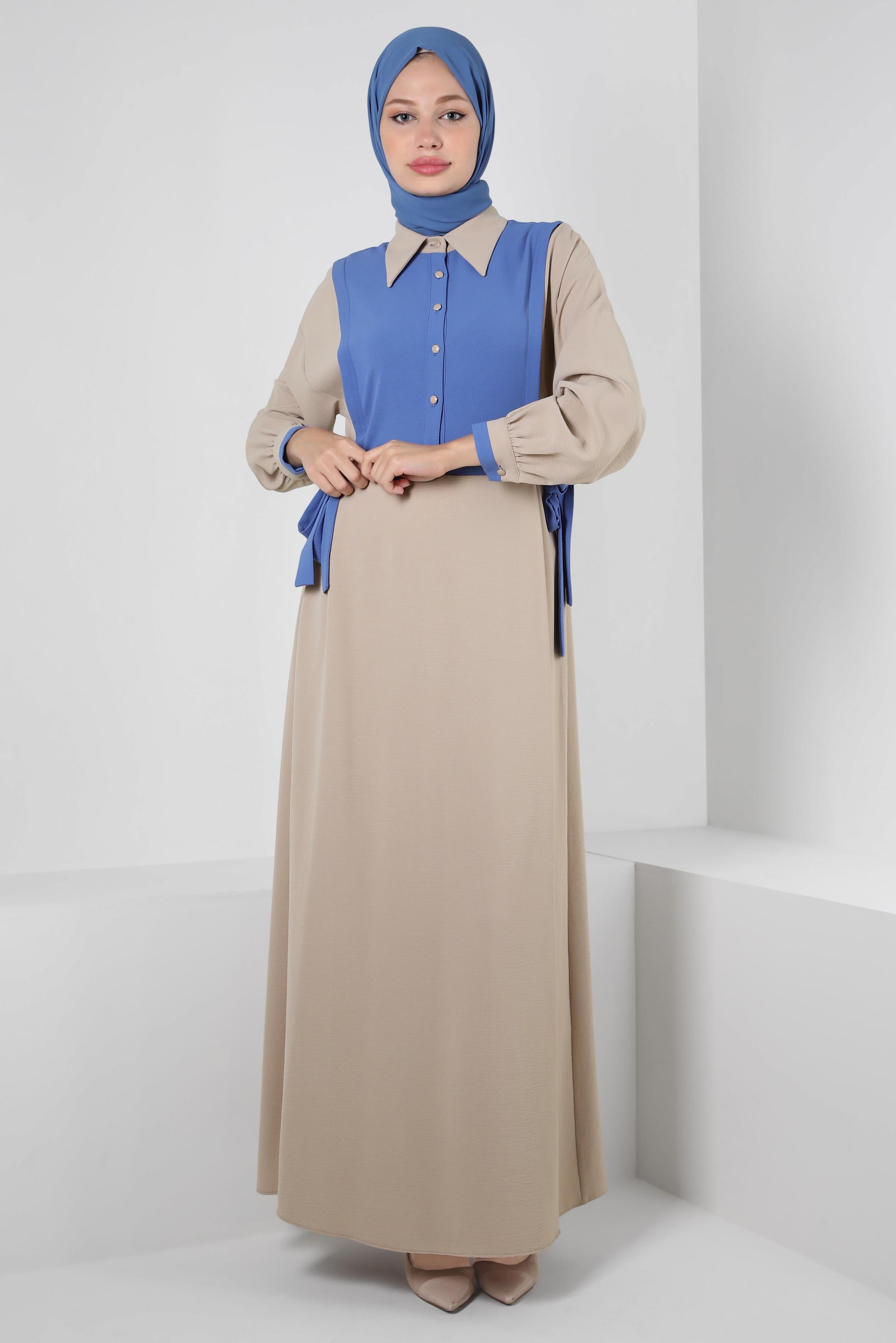 Tesettür giyim KUM YANI BAĞLAMA DETAYLI İKİ RENKLİ ELBİSE 43936