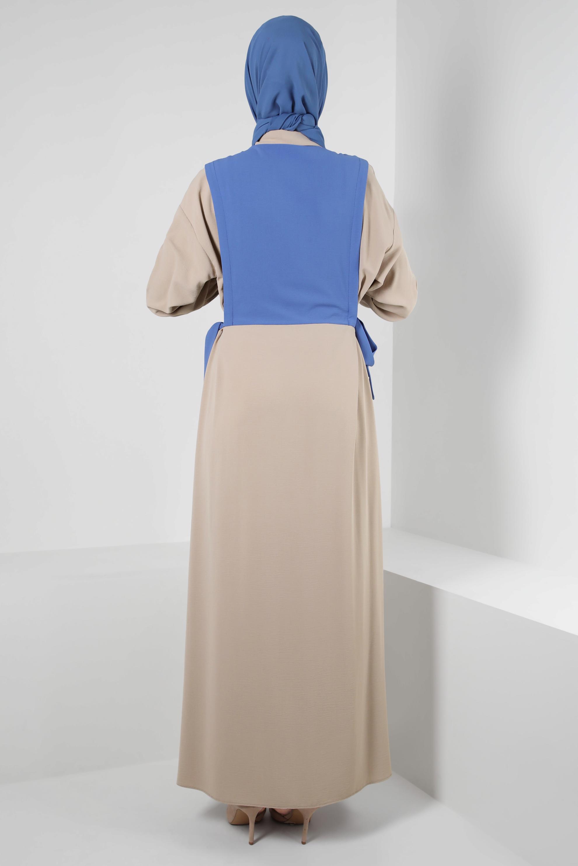 Tesettür giyim KUM YANI BAĞLAMA DETAYLI İKİ RENKLİ ELBİSE 43936