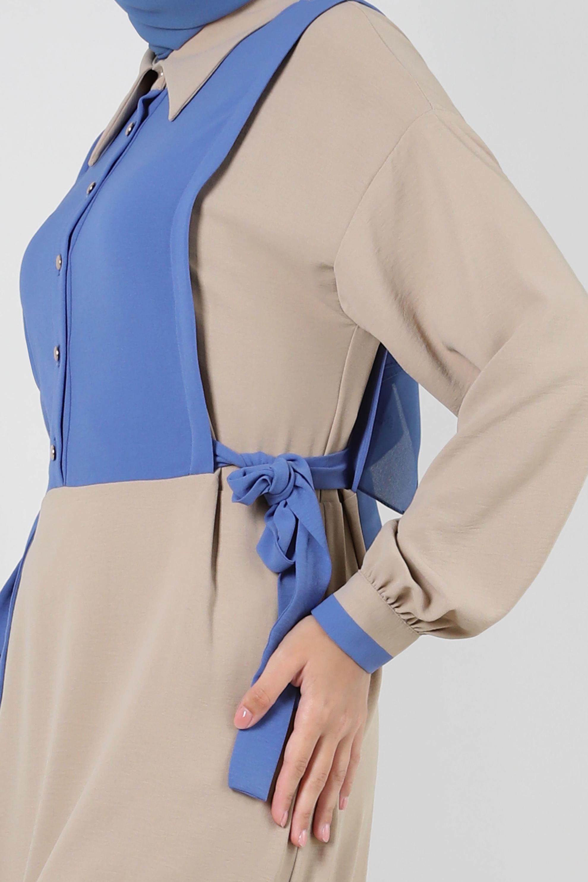 Tesettür giyim KUM YANI BAĞLAMA DETAYLI İKİ RENKLİ ELBİSE 43936