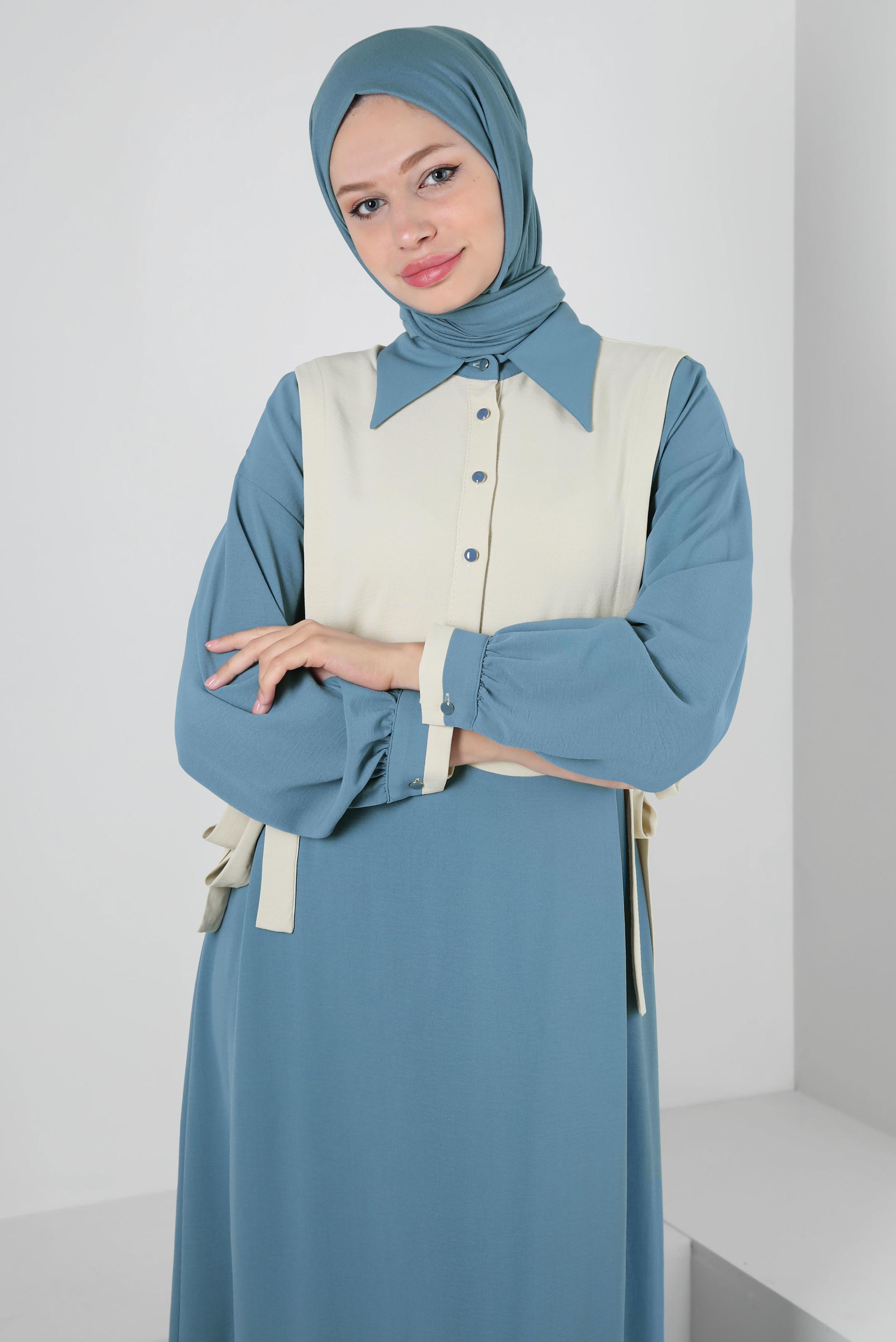 Tesettür giyim MAVİ YANI BAĞLAMA DETAYLI İKİ RENKLİ ELBİSE 43936