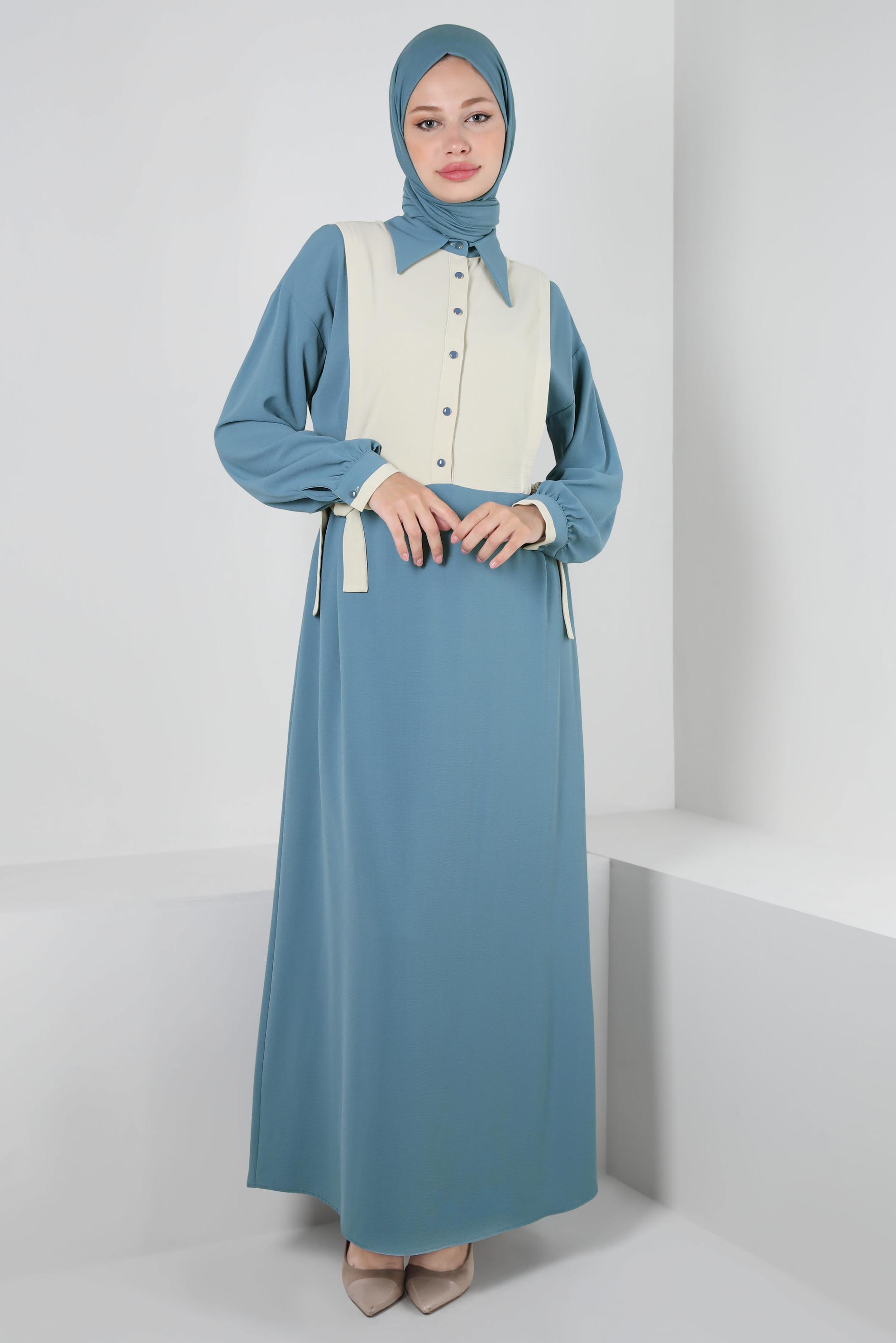 Tesettür giyim MAVİ YANI BAĞLAMA DETAYLI İKİ RENKLİ ELBİSE 43936