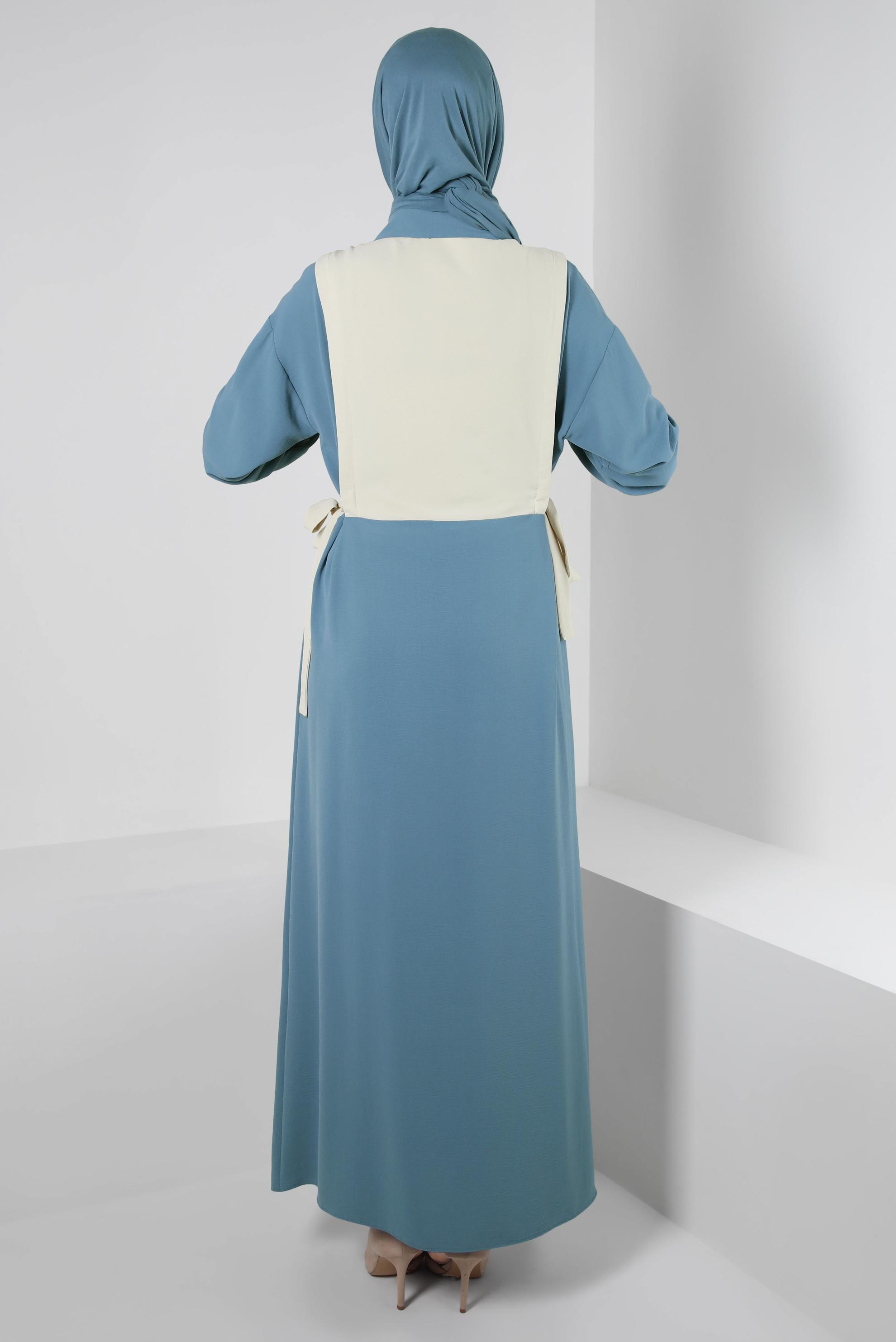 Tesettür giyim MAVİ YANI BAĞLAMA DETAYLI İKİ RENKLİ ELBİSE 43936