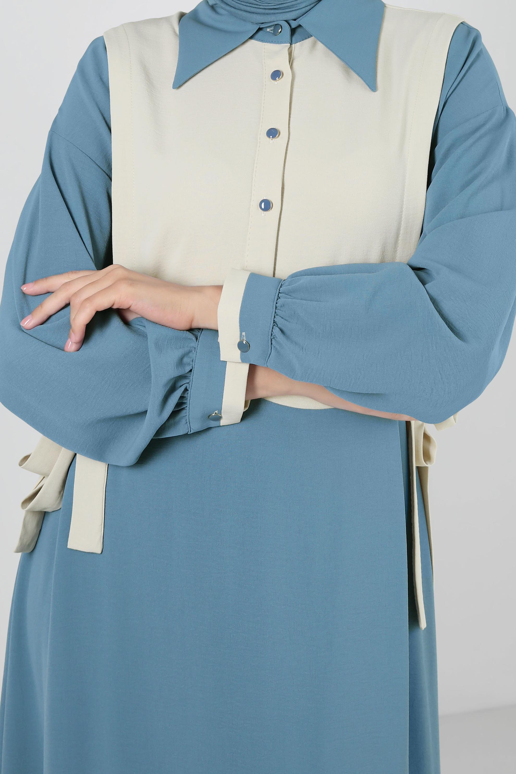 Tesettür giyim MAVİ YANI BAĞLAMA DETAYLI İKİ RENKLİ ELBİSE 43936