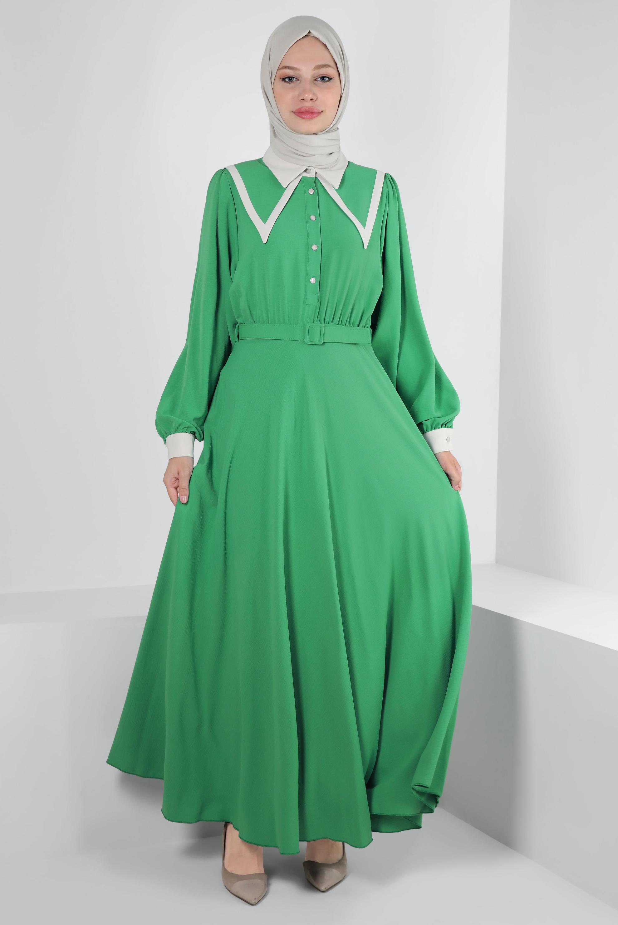 Tesettür giyim YEŞİL YAKA DETAYLI DÜĞMELİ KEMERLİ ELBİSE 43937