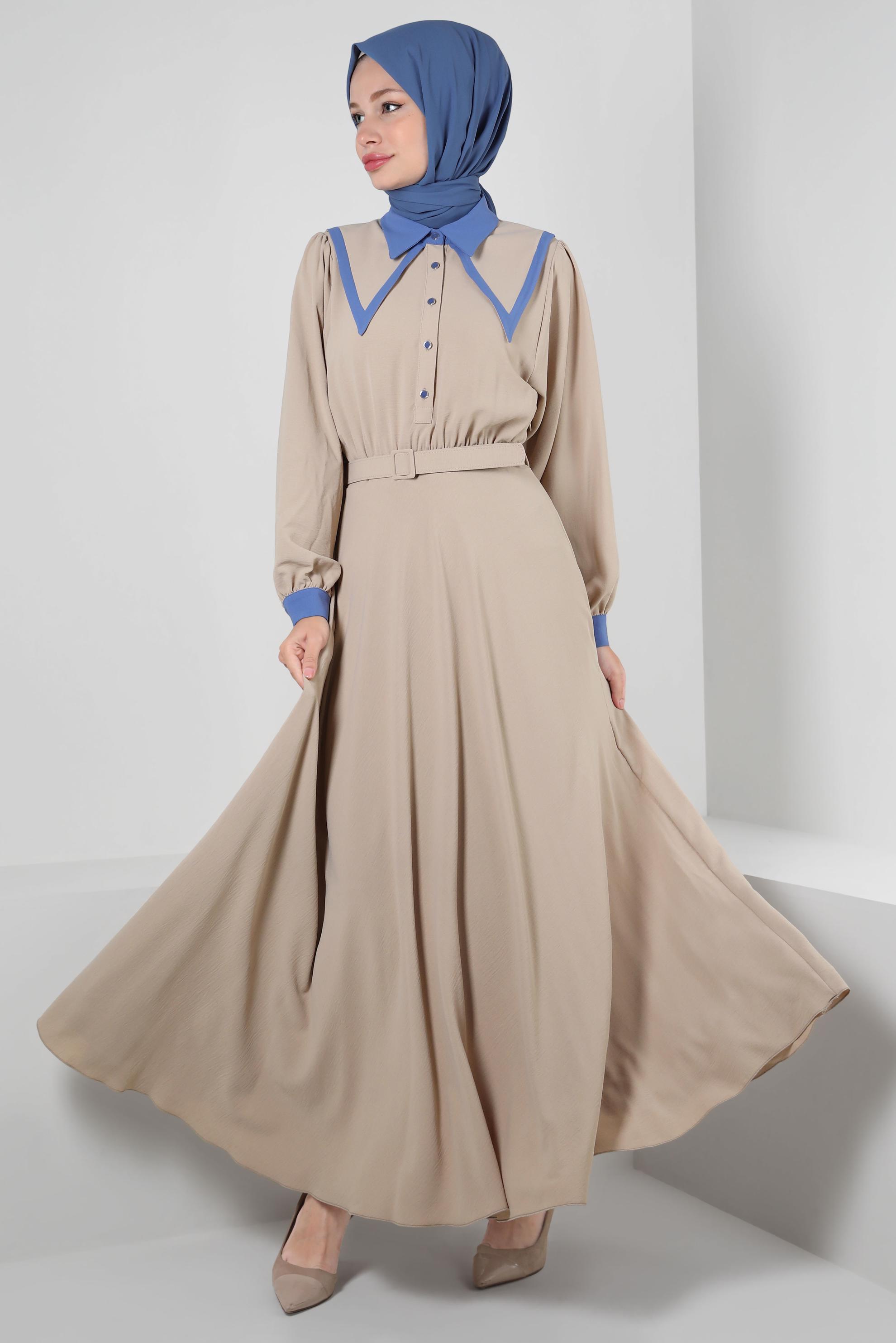 Tesettür giyim KUM YAKA DETAYLI DÜĞMELİ KEMERLİ ELBİSE 43937