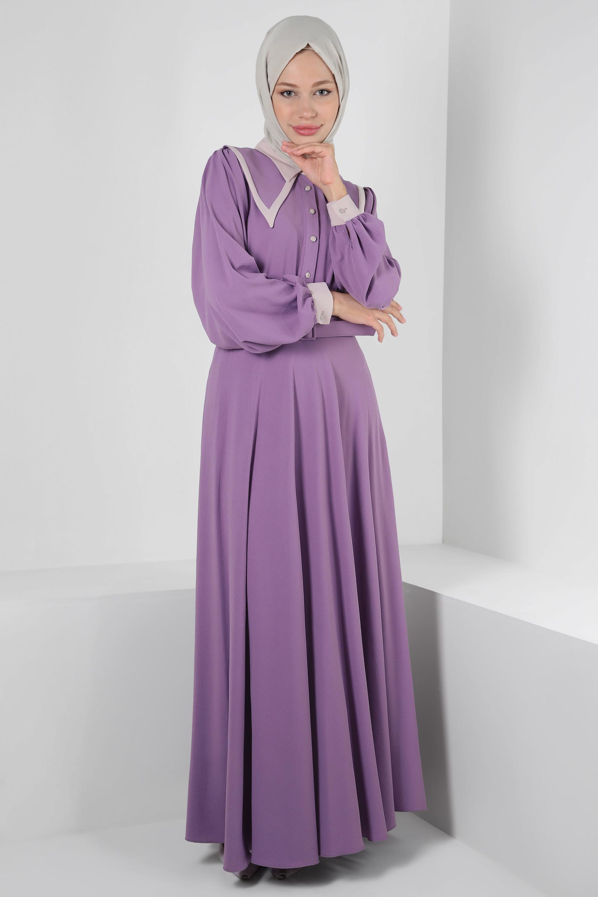 Tesettür giyim MOR YAKA DETAYLI DÜĞMELİ KEMERLİ ELBİSE 43937